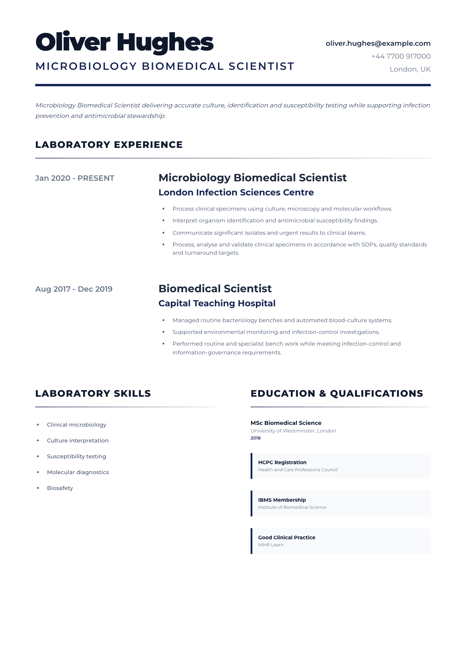 Microbiology Biomedical Scientist CV template
