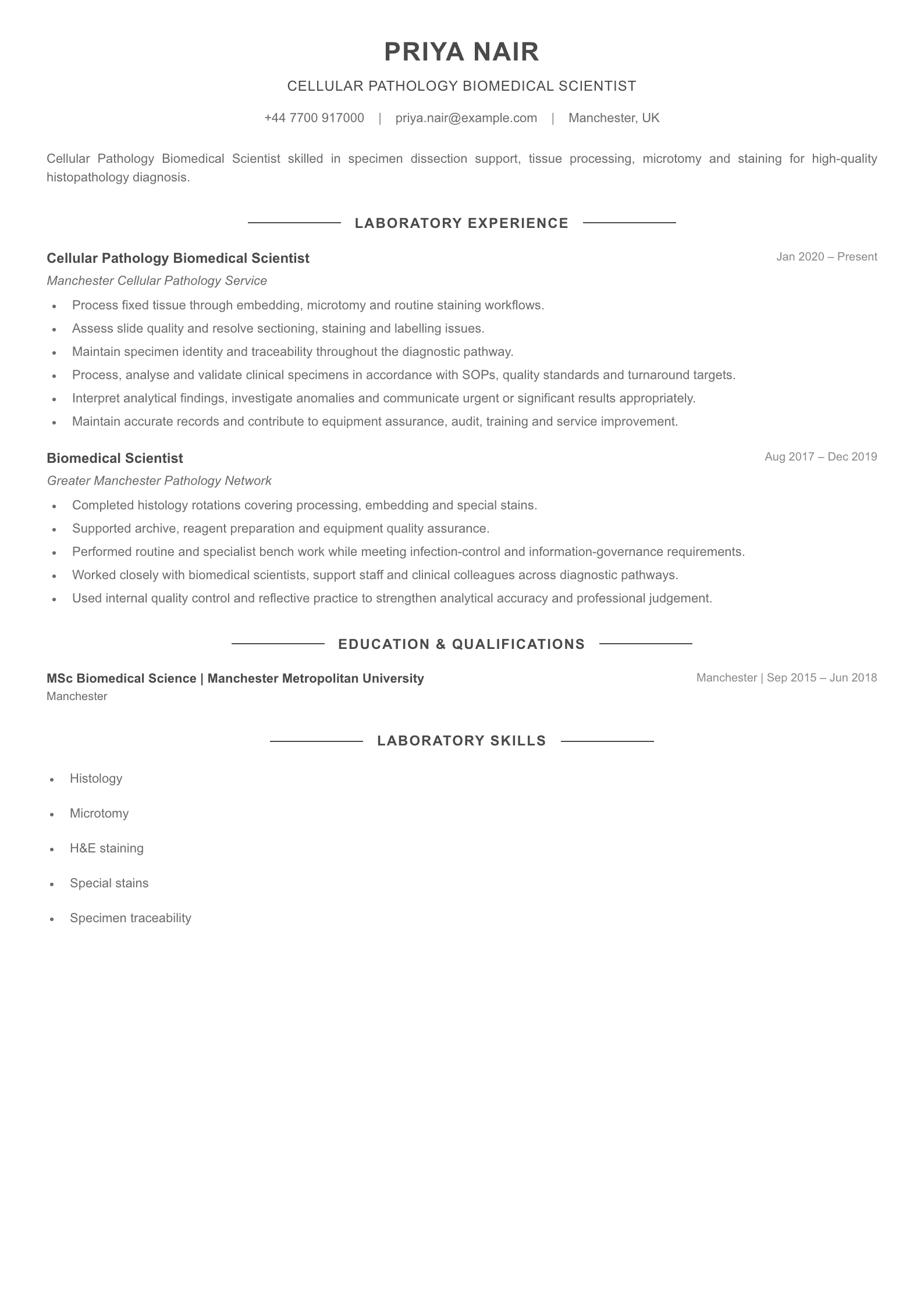 Cellular Pathology Biomedical Scientist CV template