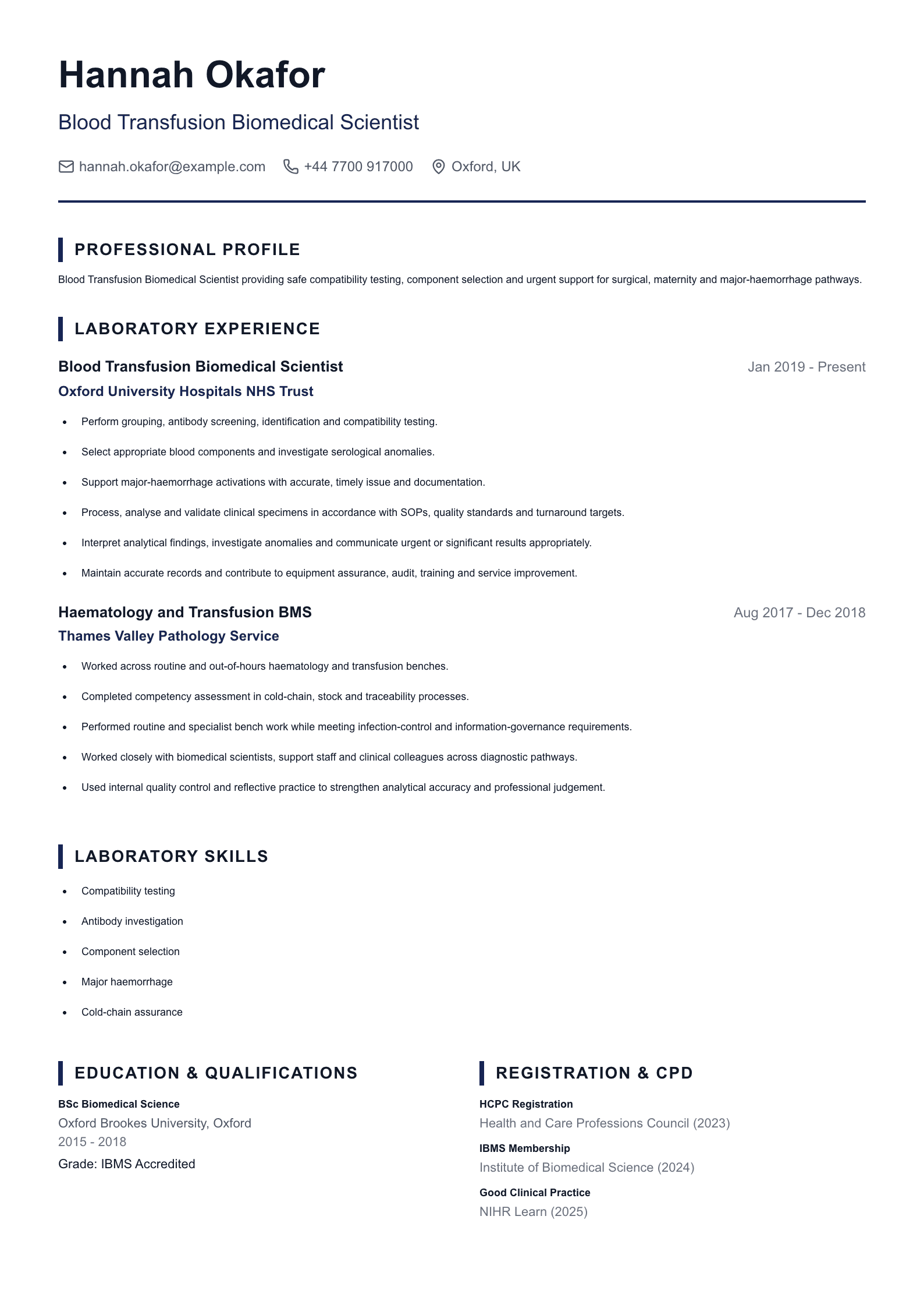 Blood Transfusion Biomedical Scientist CV template