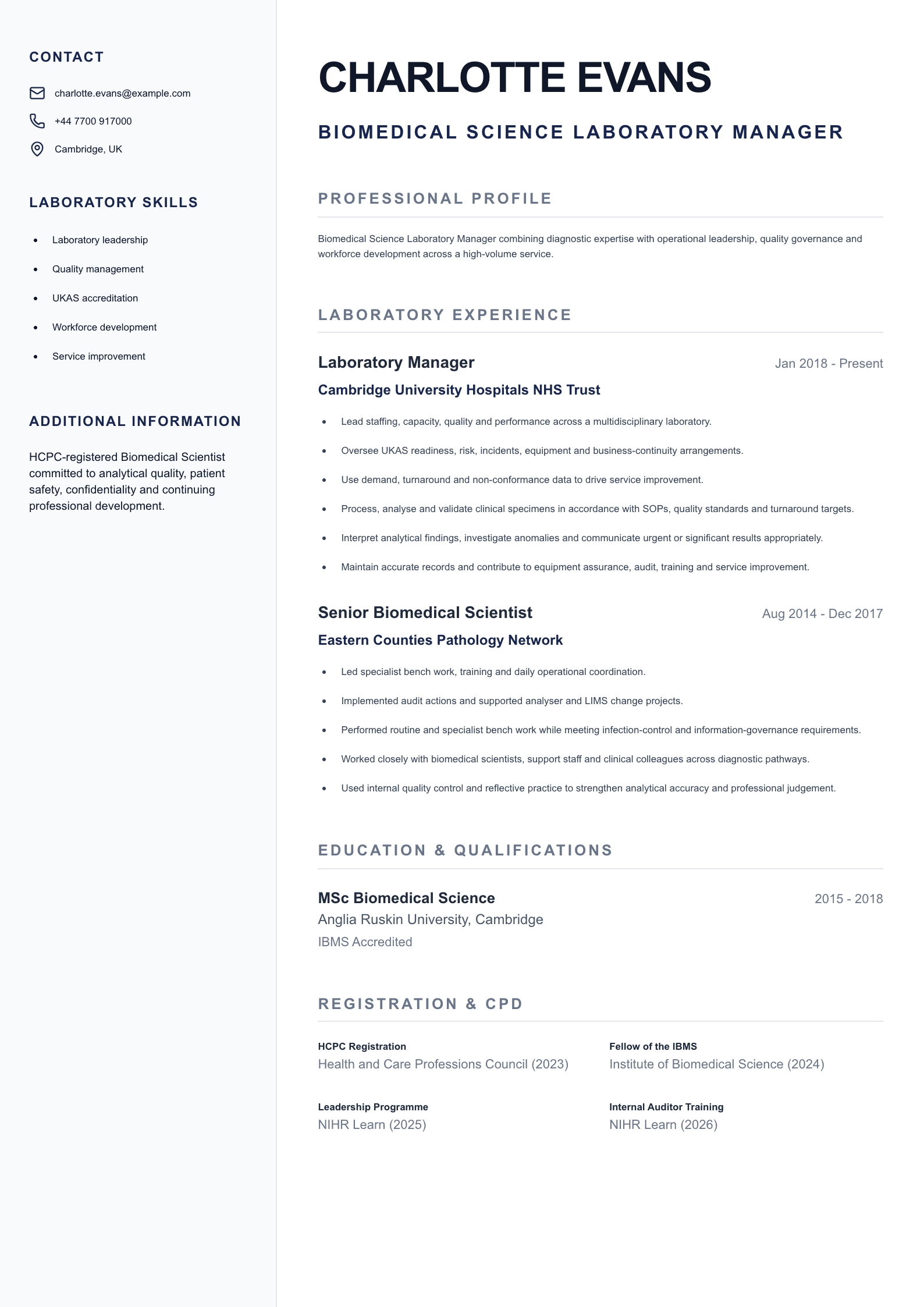 Laboratory Manager CV template