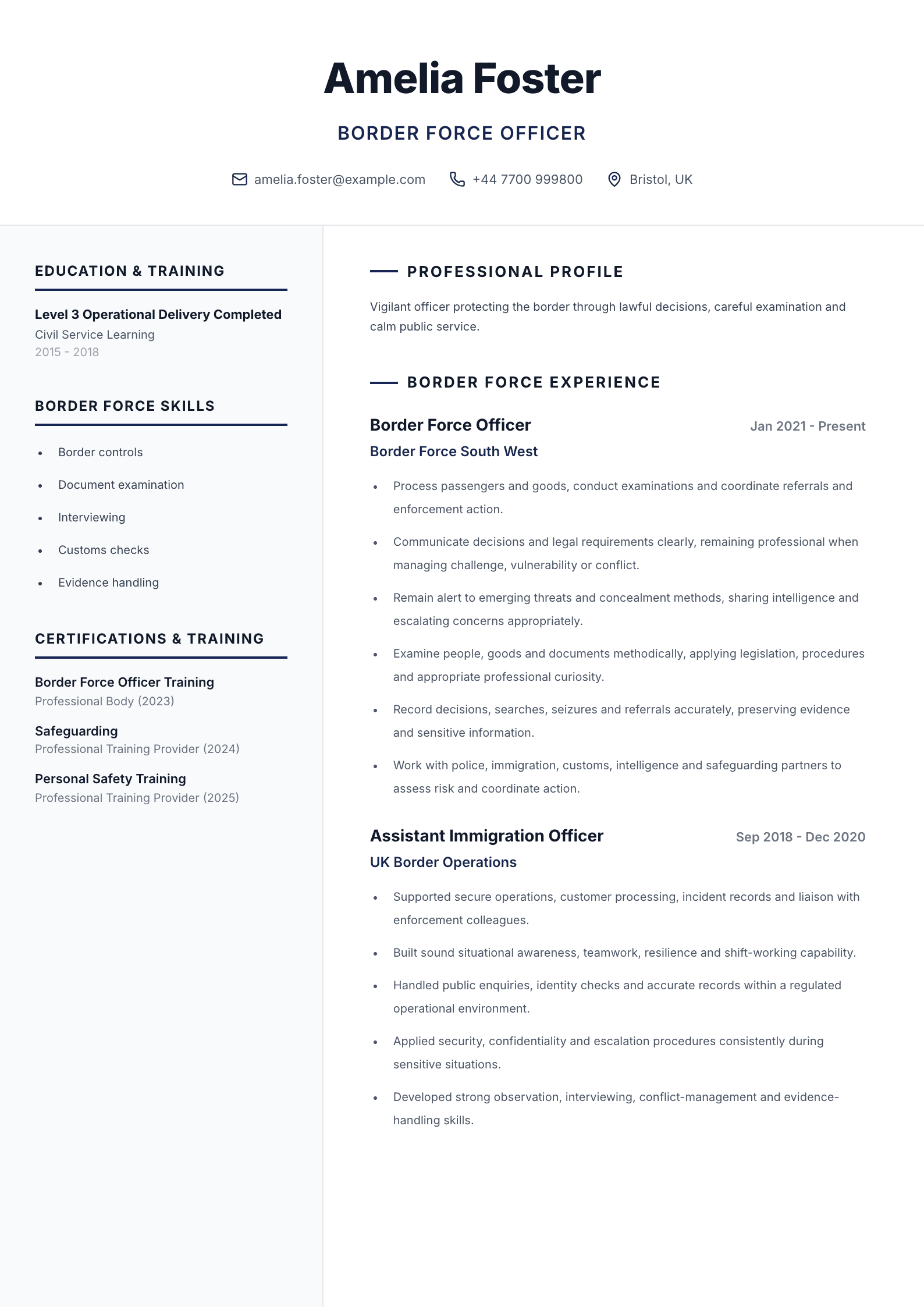 Border Force officer CV