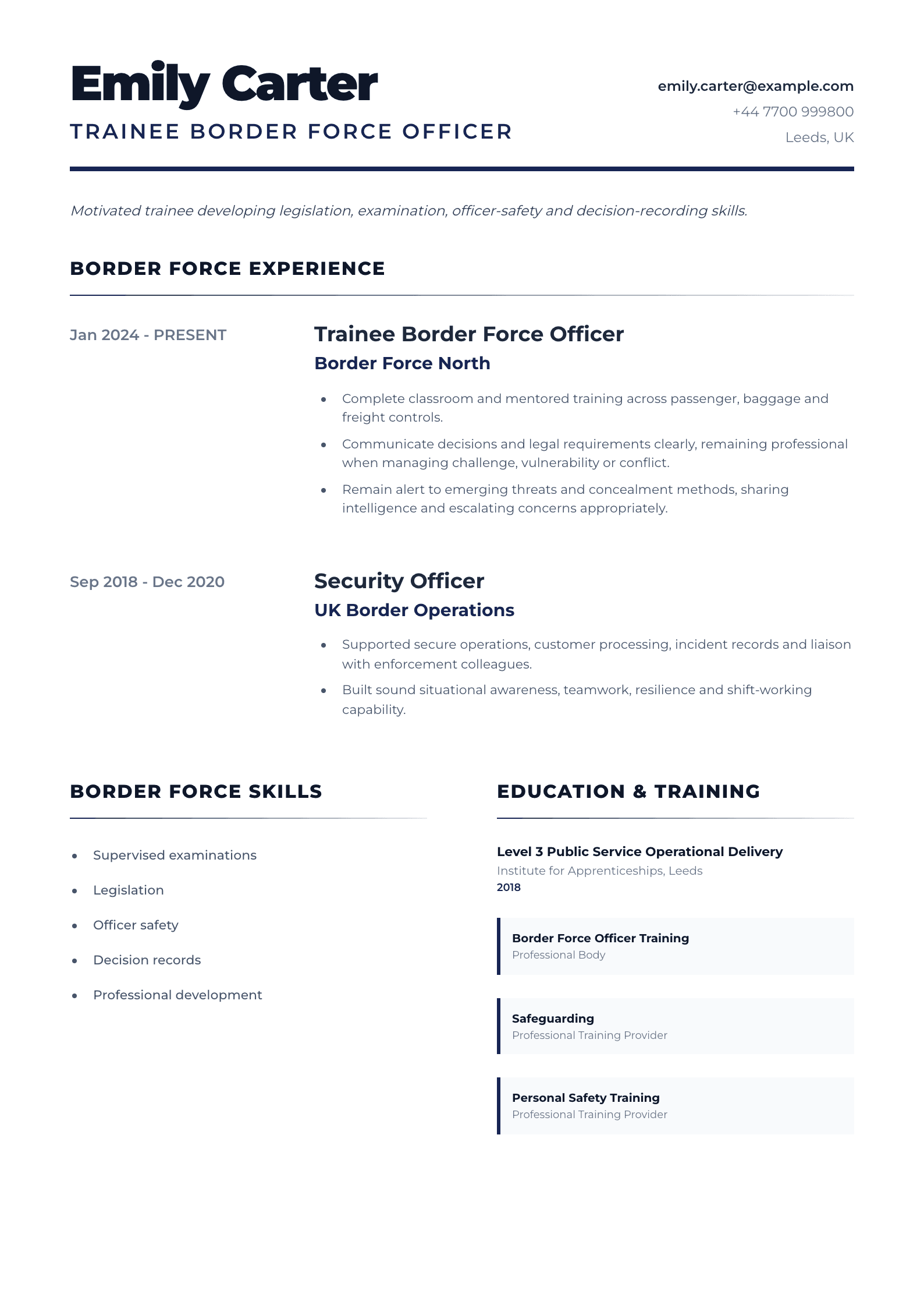 Trainee Border Force Officer CV template