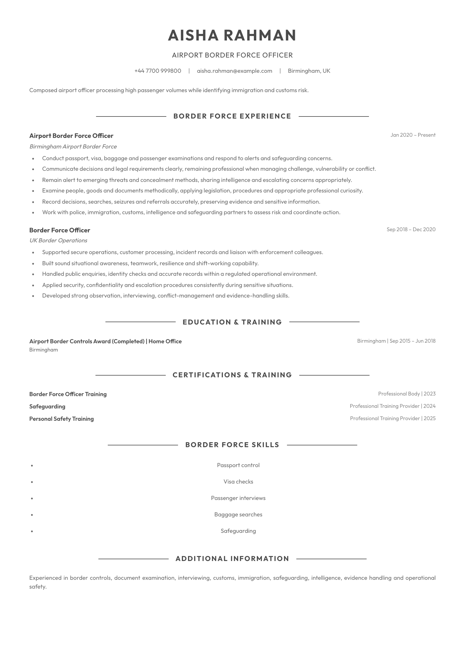 Airport Border Force Officer CV template