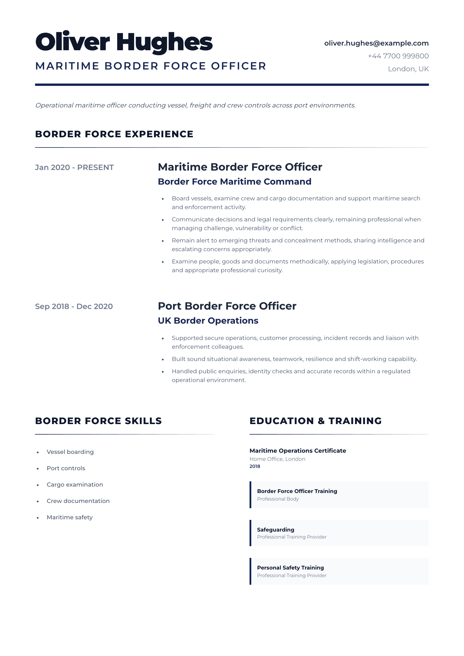 Maritime Border Force Officer CV template