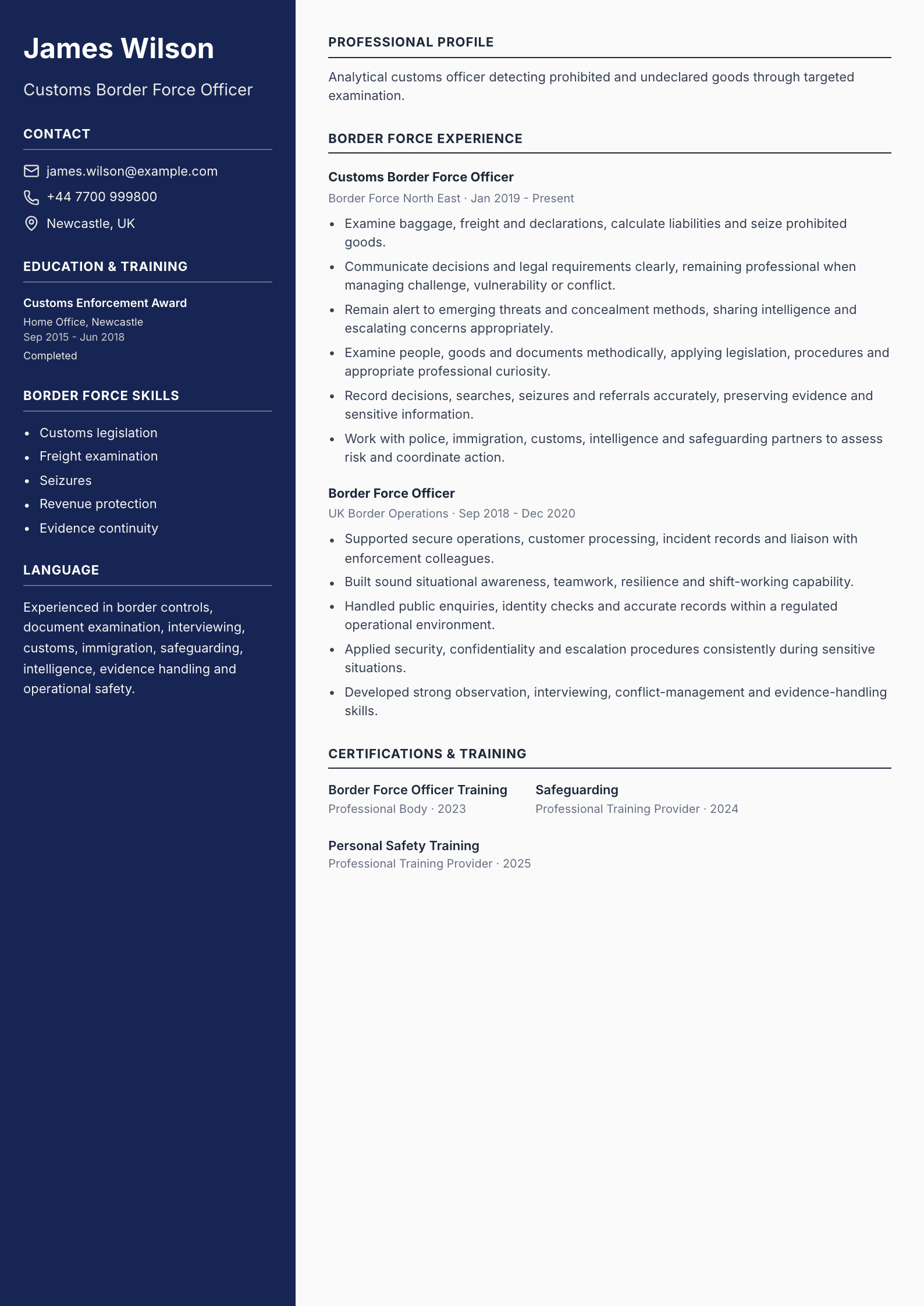 Customs Border Force Officer CV template