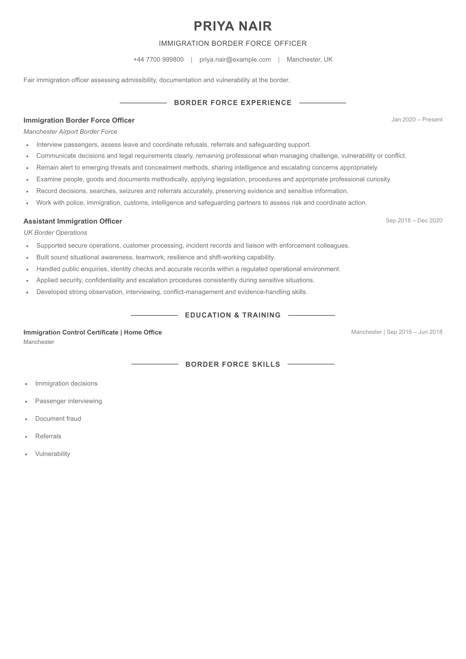 Immigration Border Force Officer CV template
