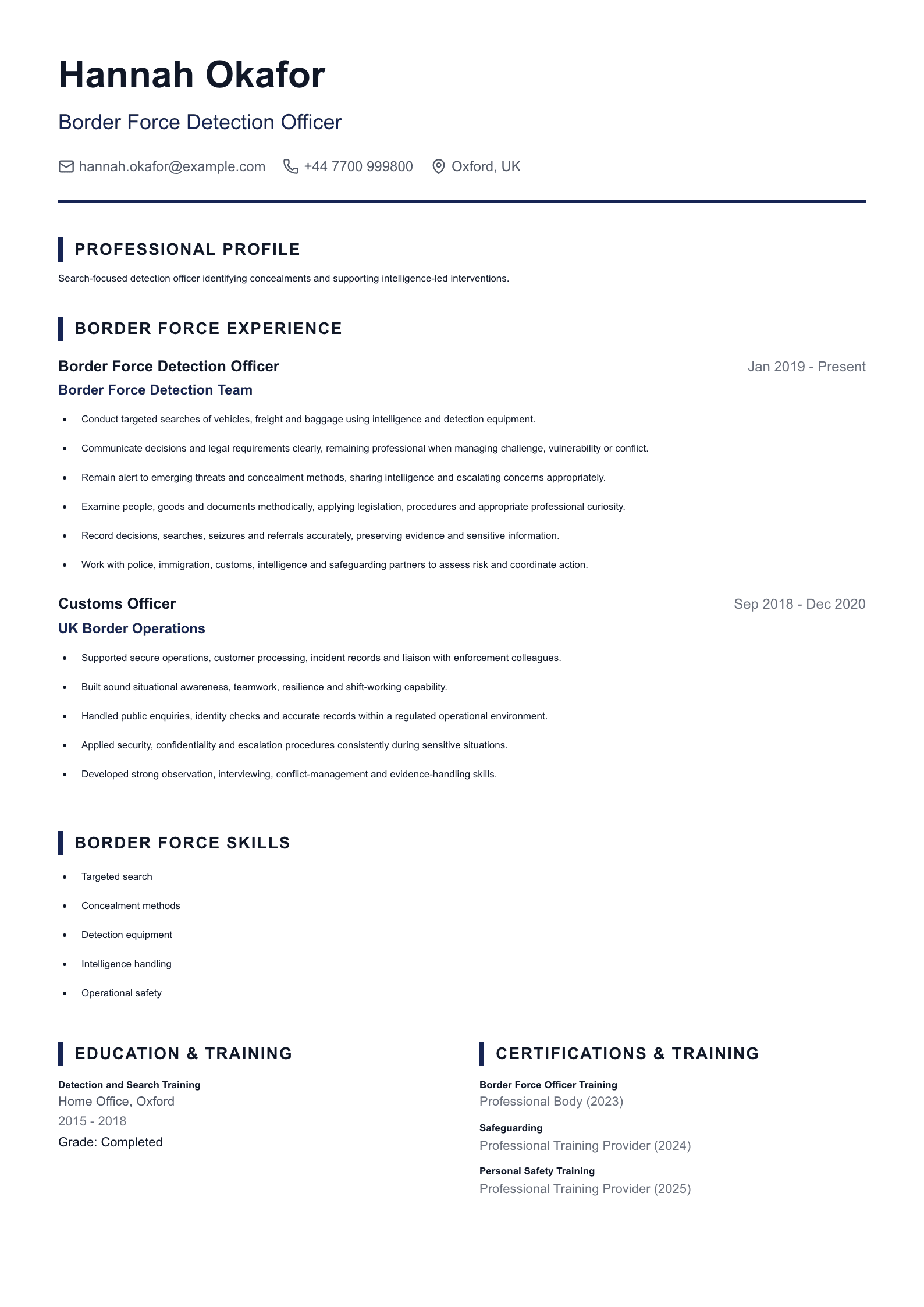 Border Force Detection Officer CV template