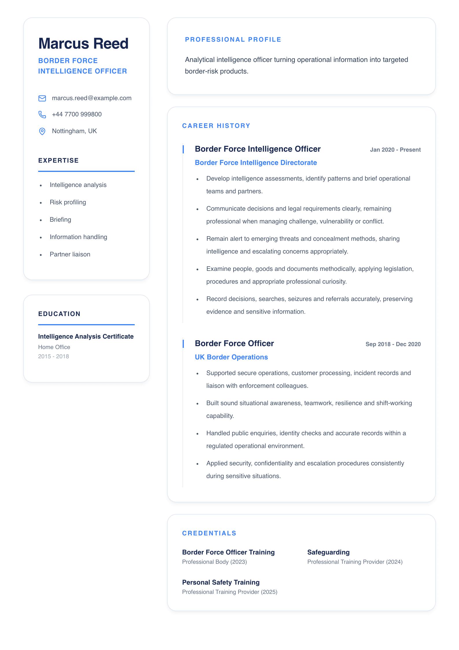 Border Force Intelligence Officer CV template