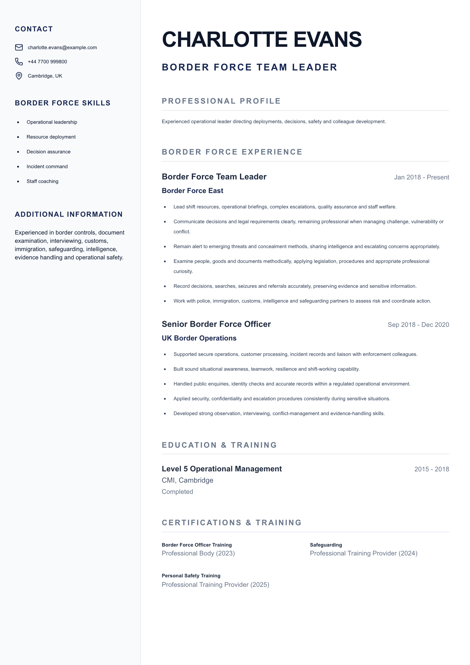 Border Force Team Leader CV template