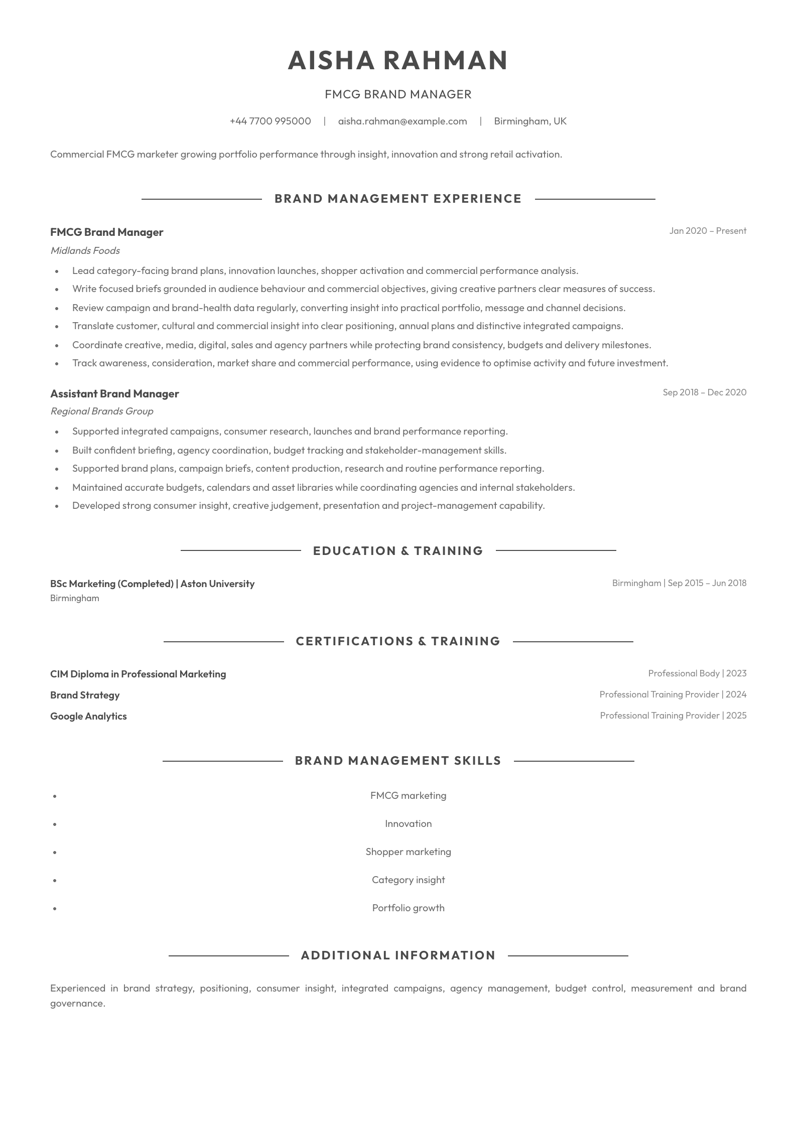 FMCG Brand Manager CV template