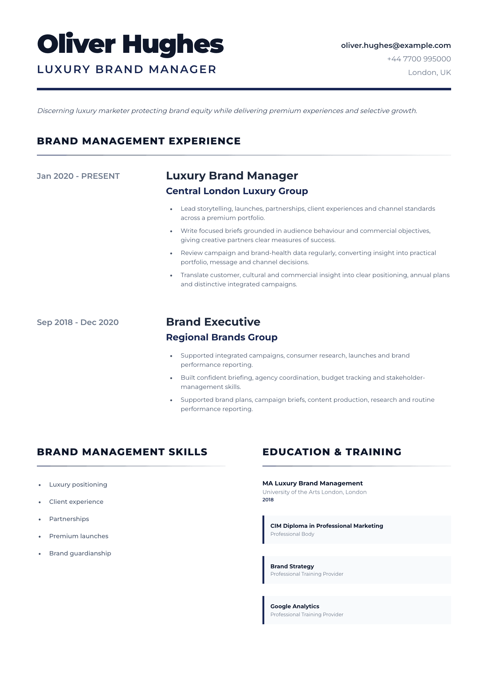 Luxury Brand Manager CV template