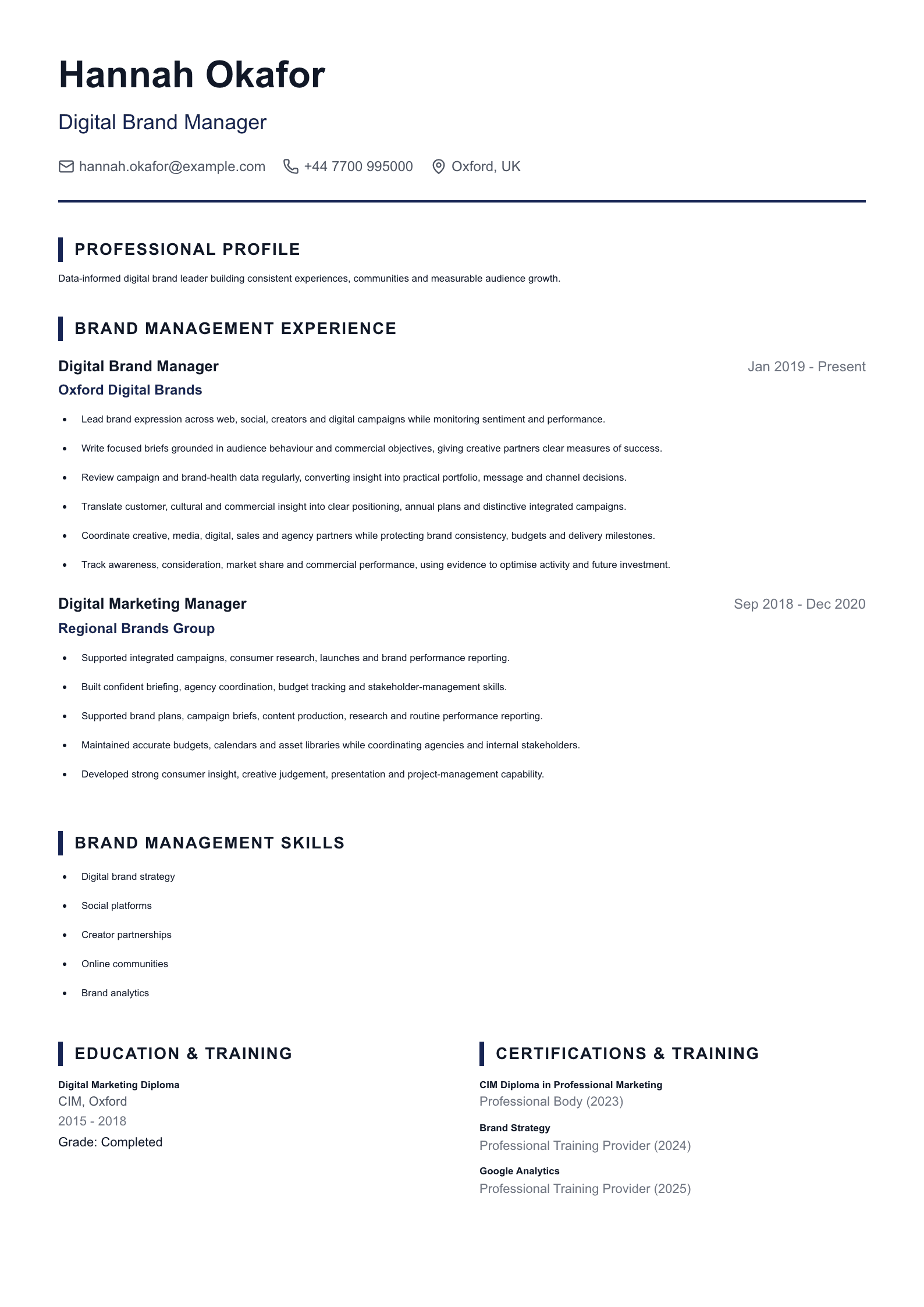 Digital Brand Manager CV template