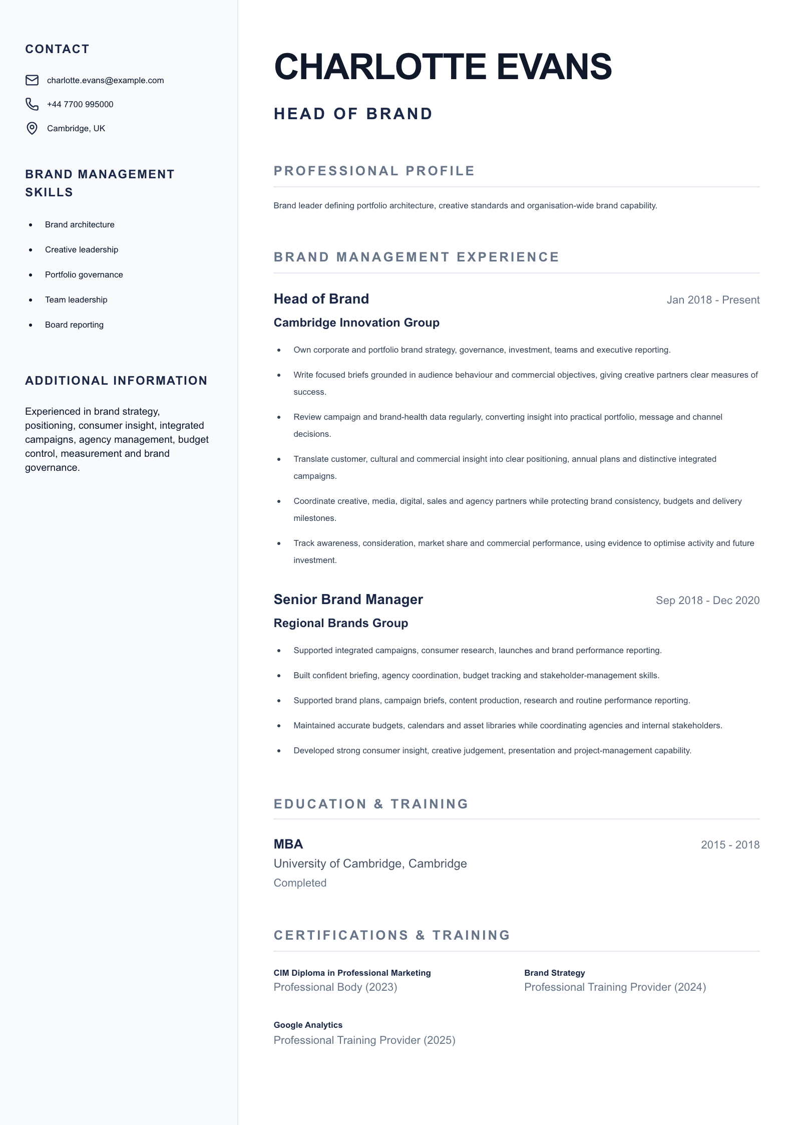 Head of Brand CV template