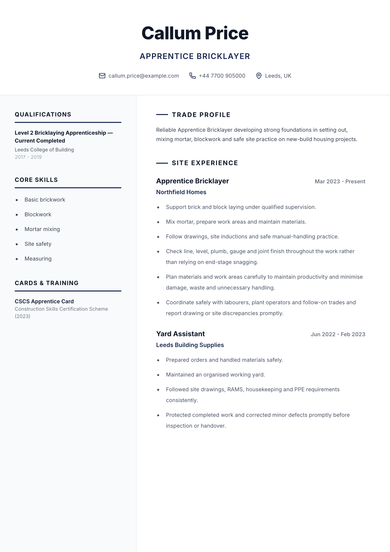 Apprentice Bricklayer CV template