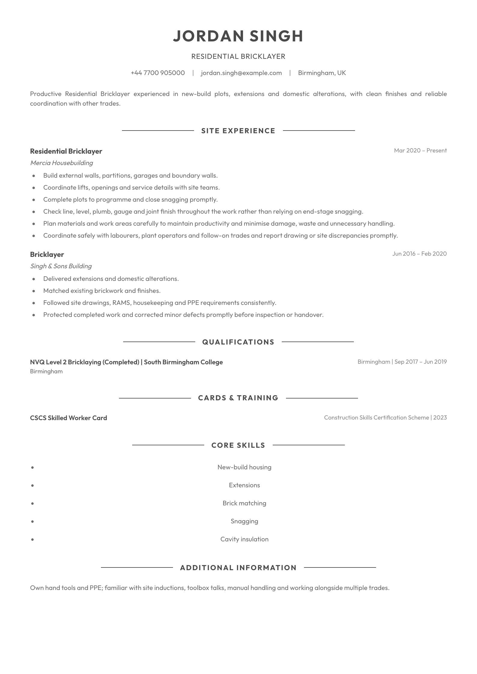 Residential Bricklayer CV template