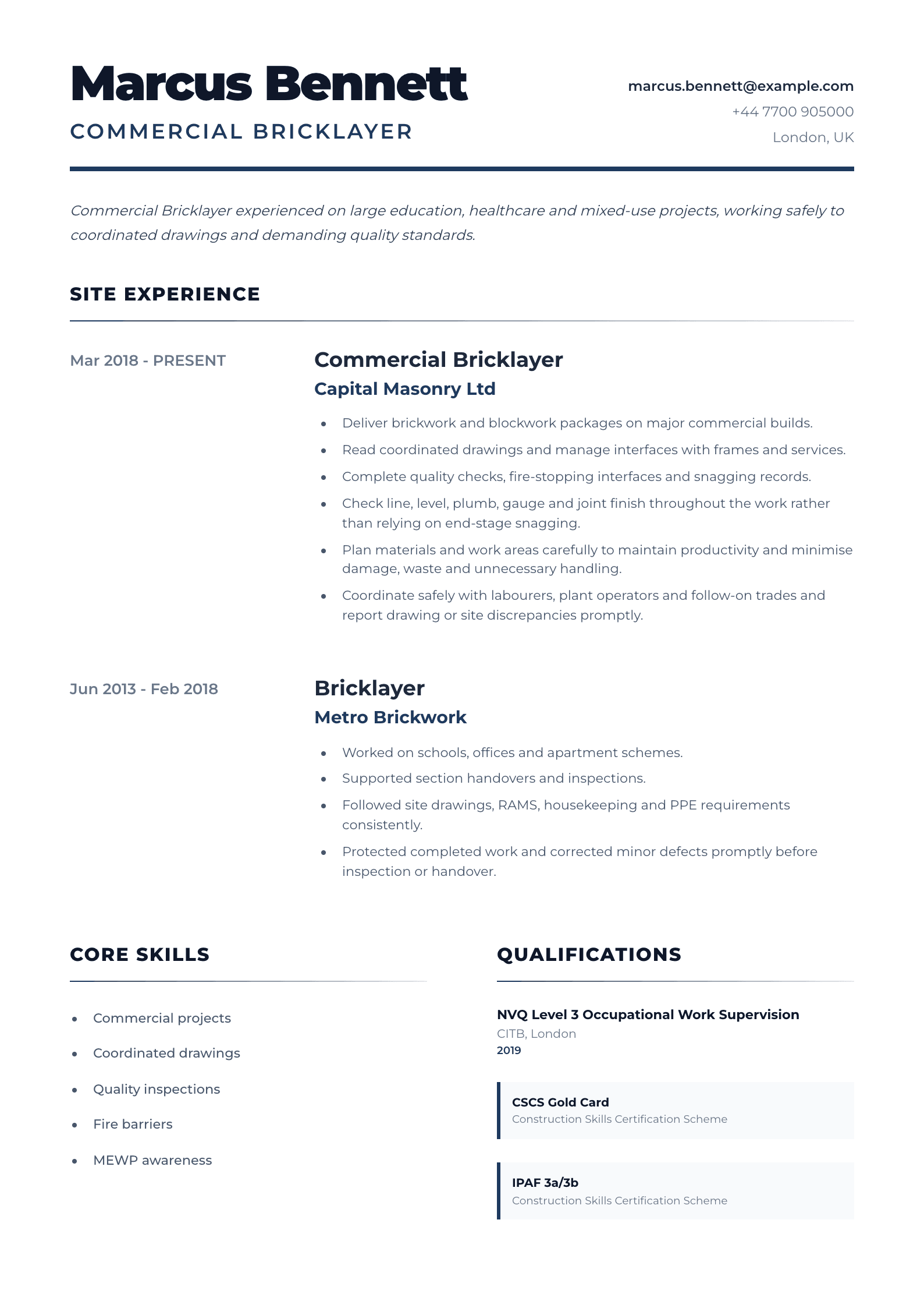 Commercial Bricklayer CV template