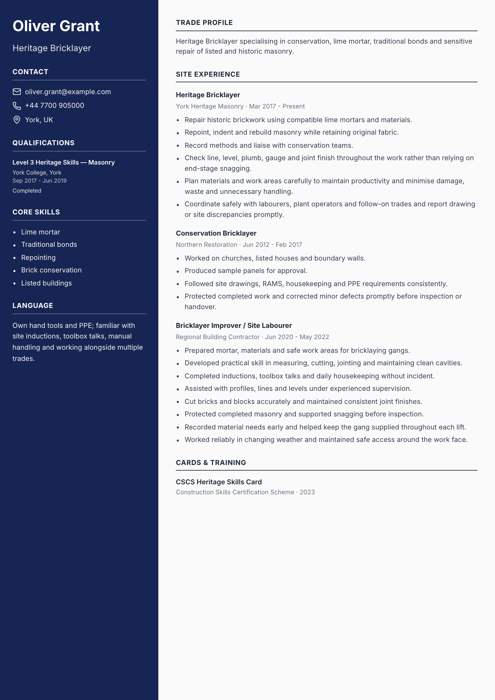 Heritage Bricklayer CV template
