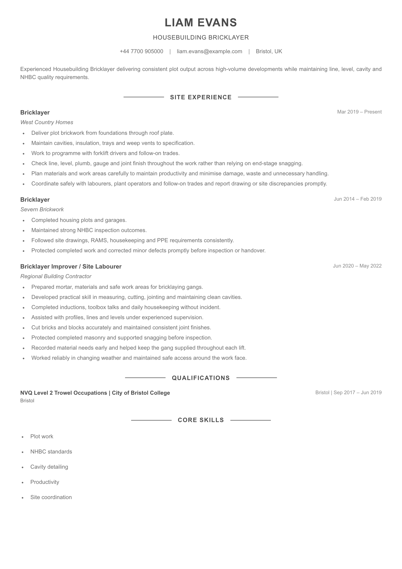 Housebuilding Bricklayer CV template
