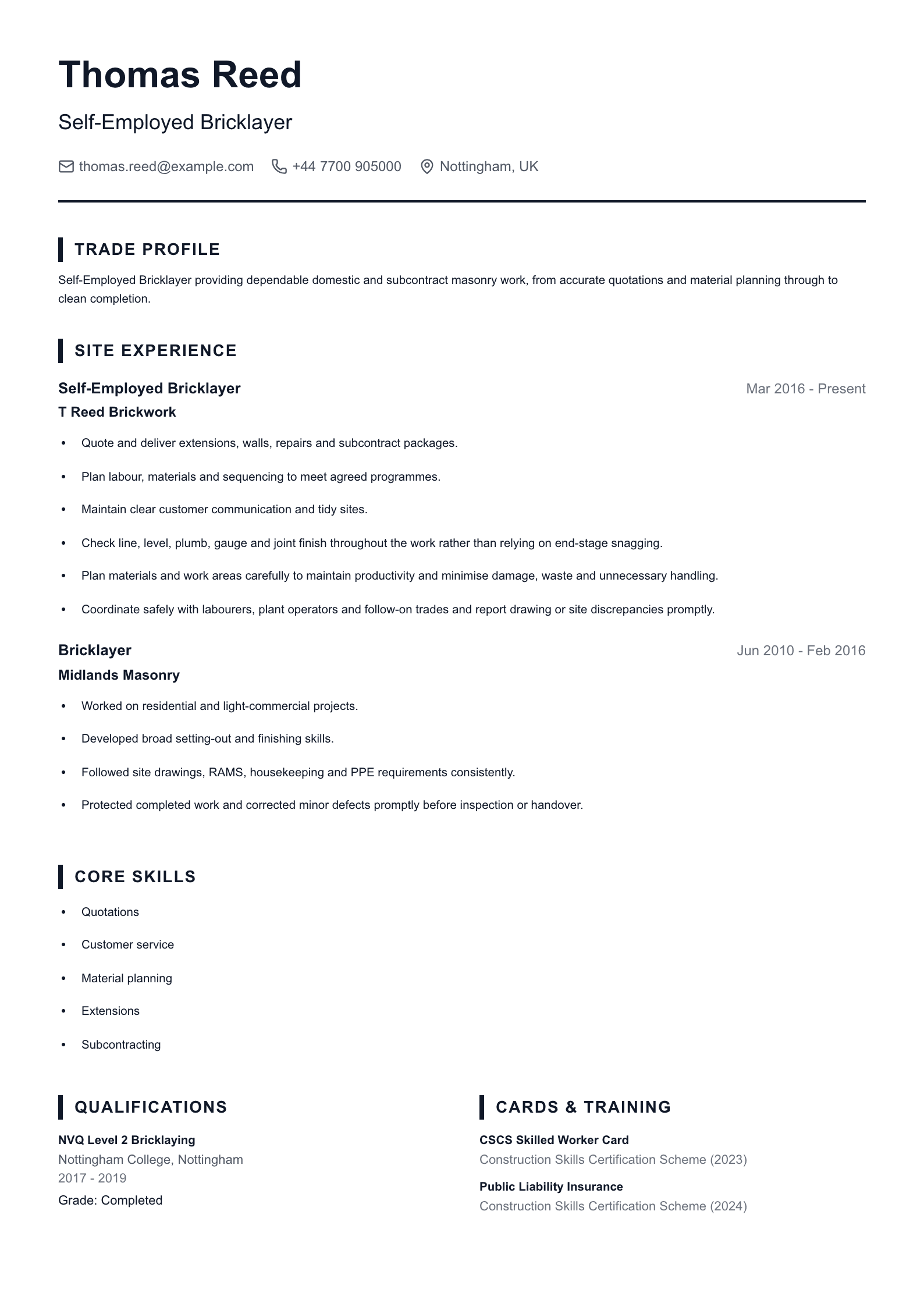 Self-Employed Bricklayer CV template
