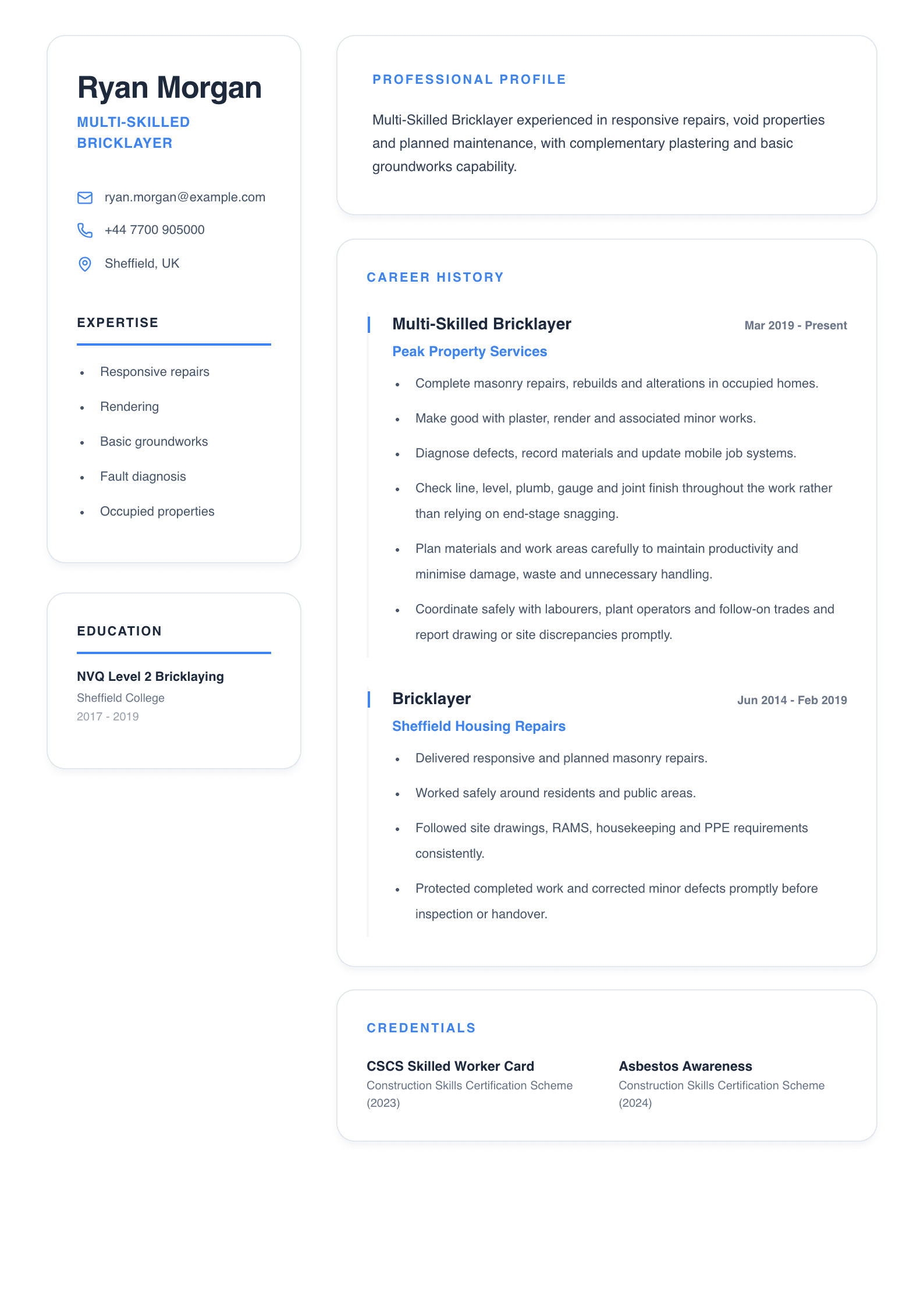 Multi-Skilled Bricklayer CV template
