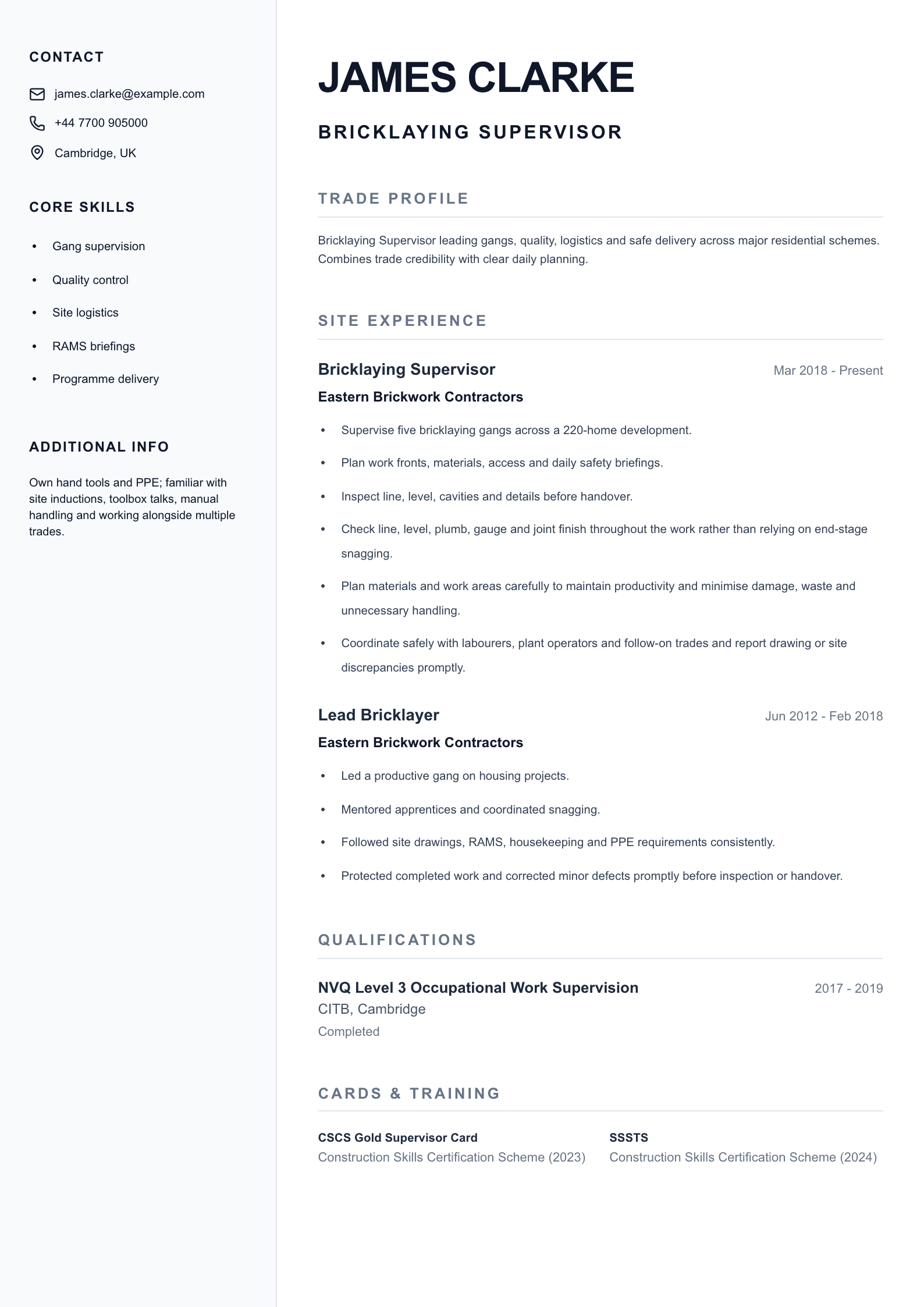 Bricklaying Supervisor CV template