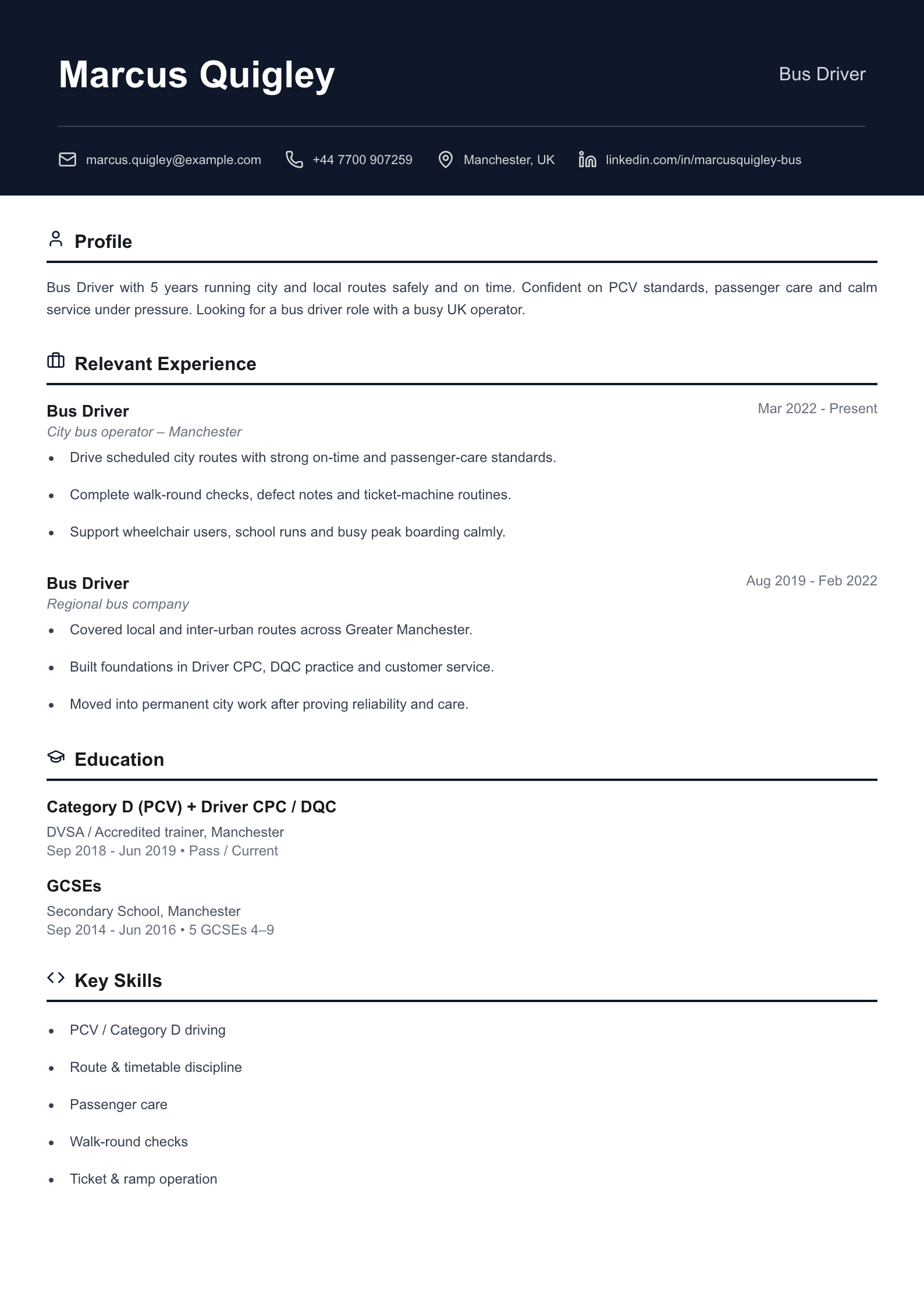 Bus driver CV template