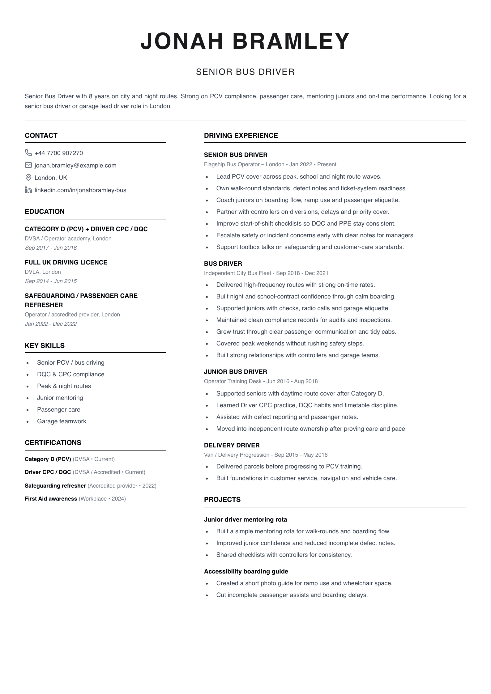 senior bus driver CV template
