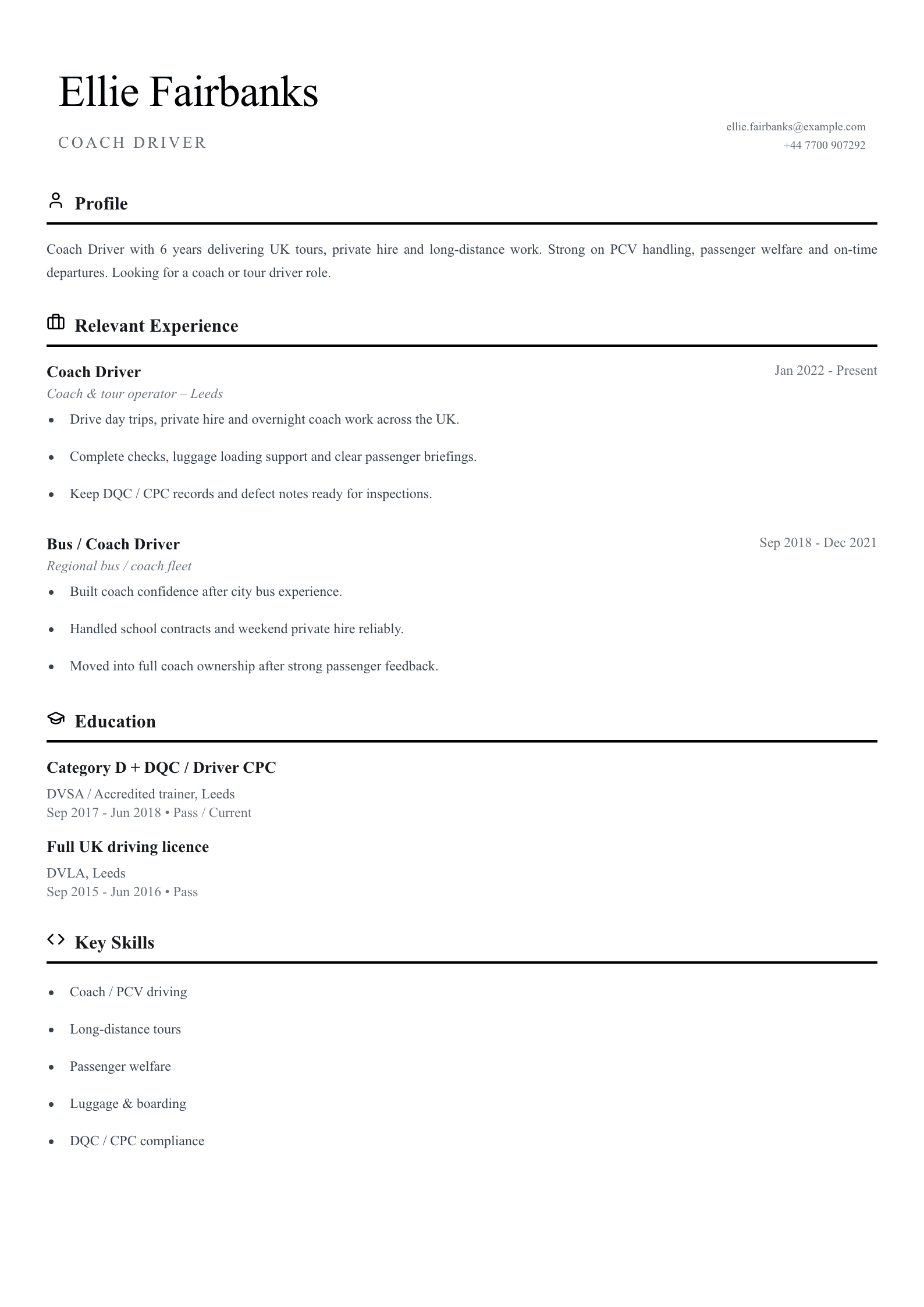 Coach driver CV template