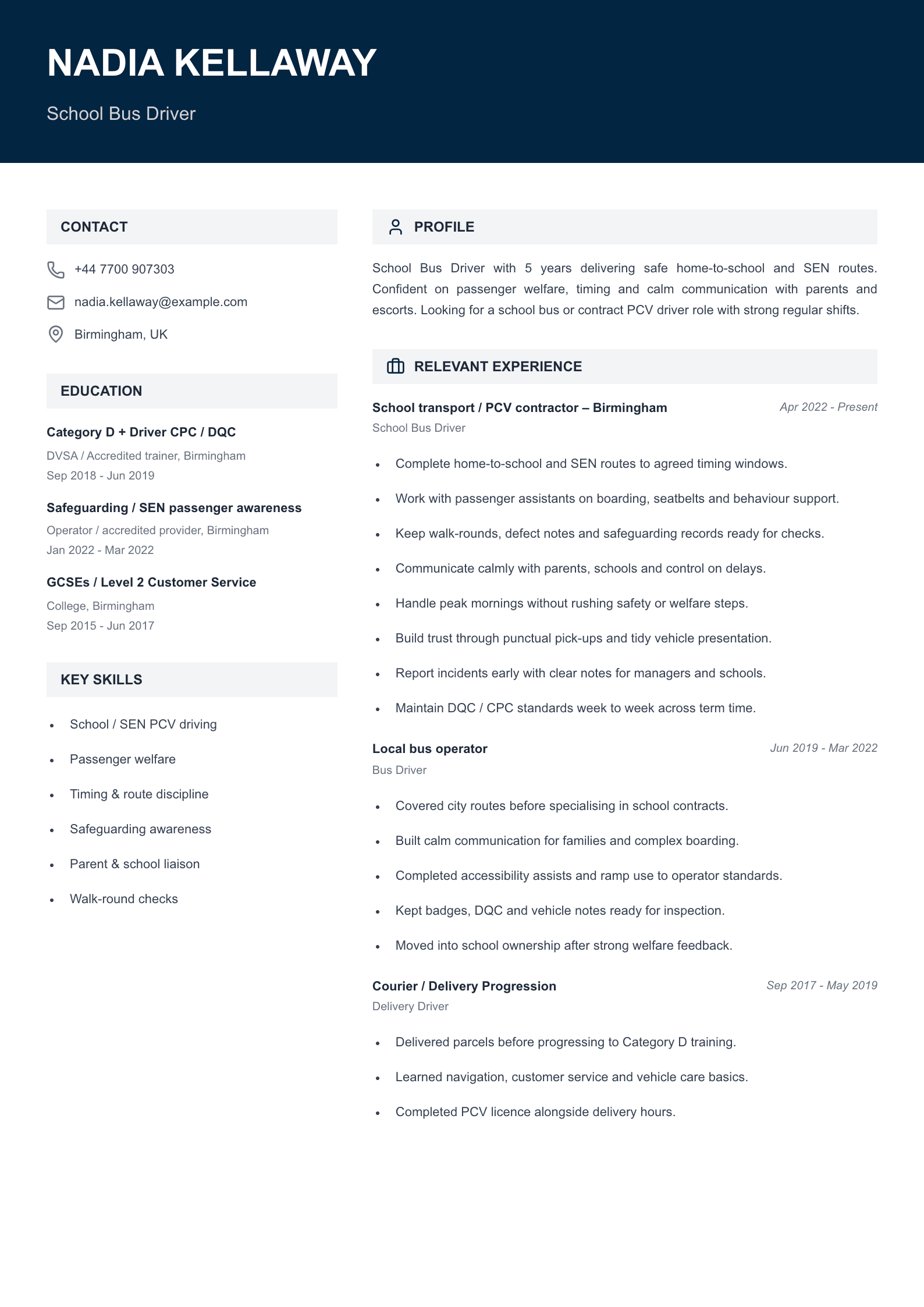 school bus driver CV template