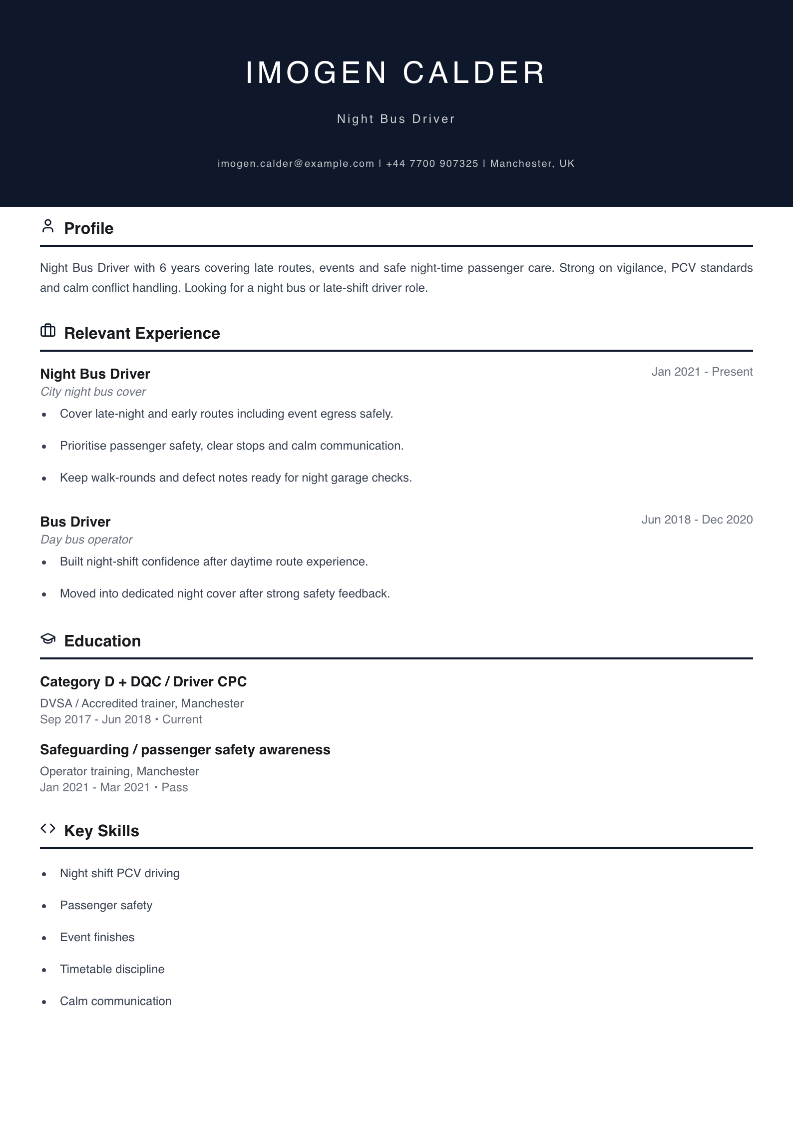 night bus driver CV template