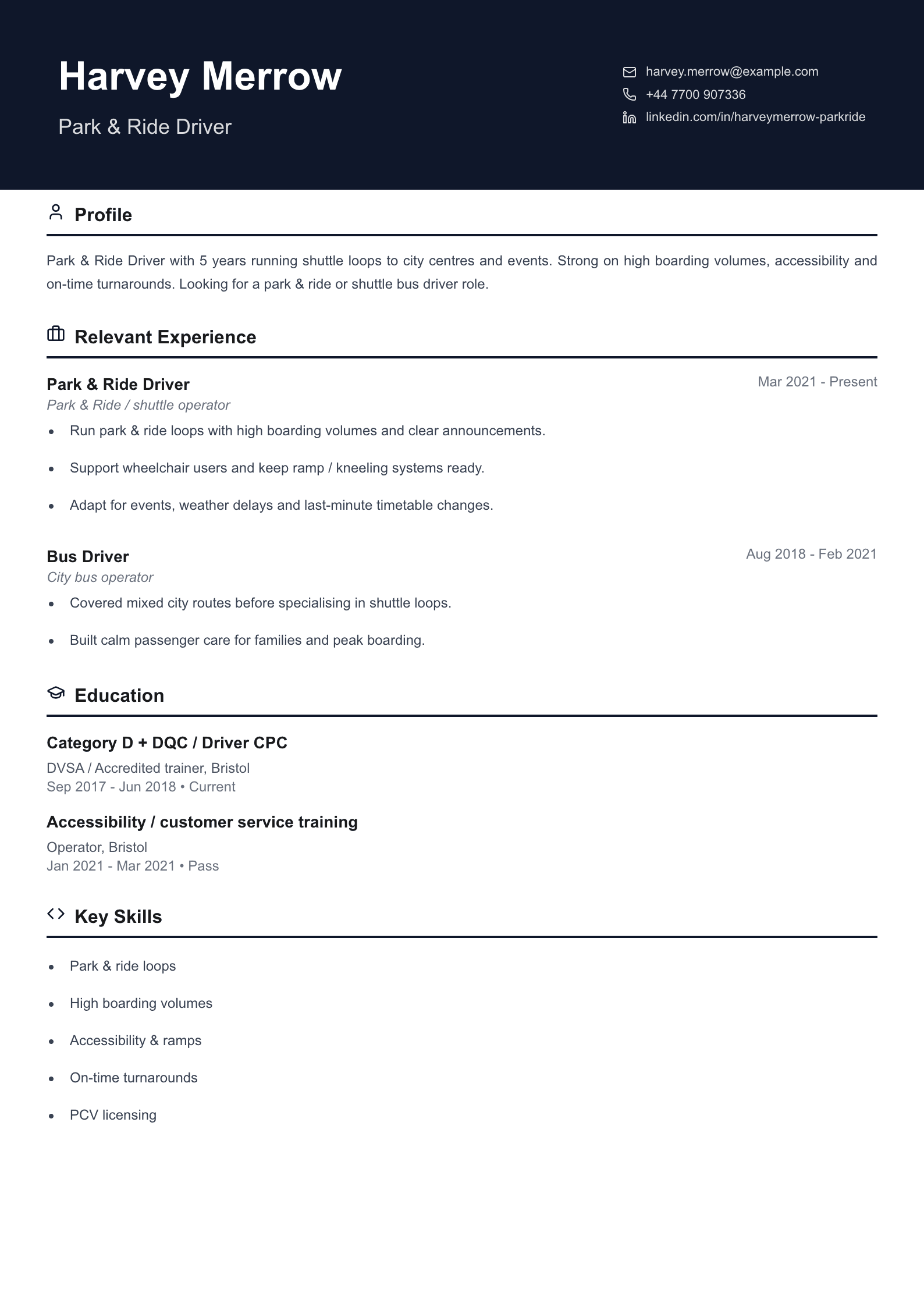 park and ride driver CV template