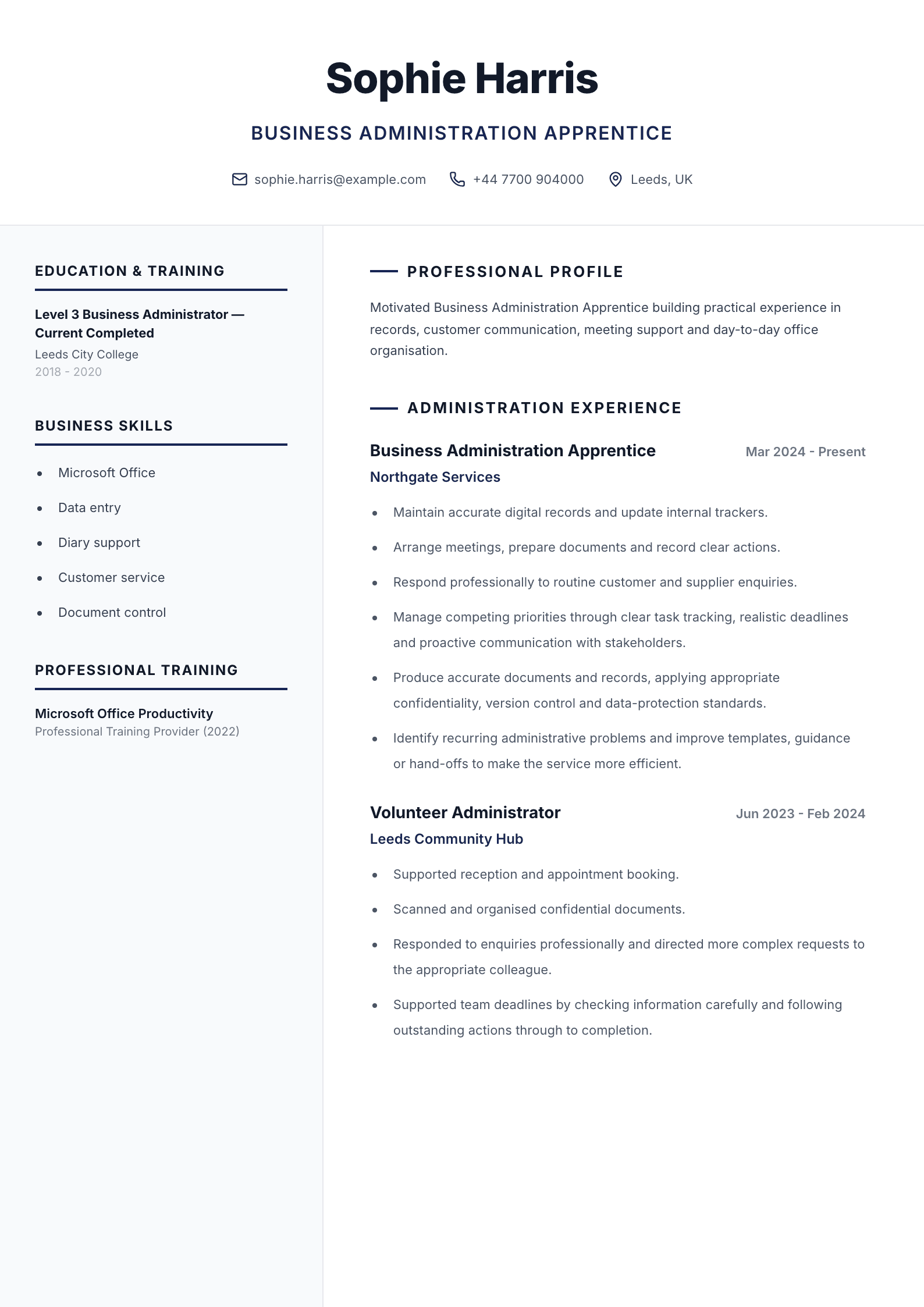 Business Administration Apprentice CV template