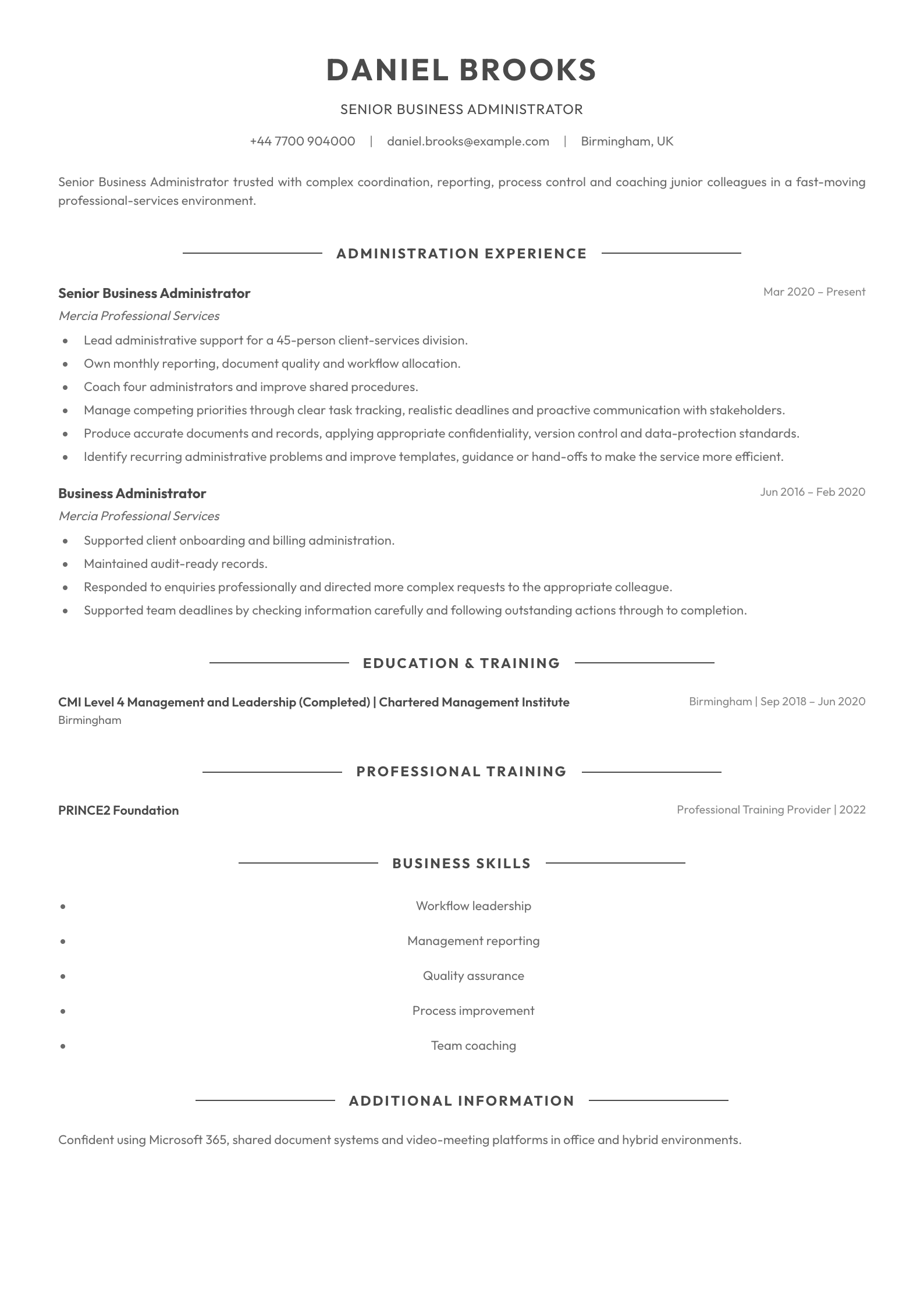 Senior Business Administrator CV template