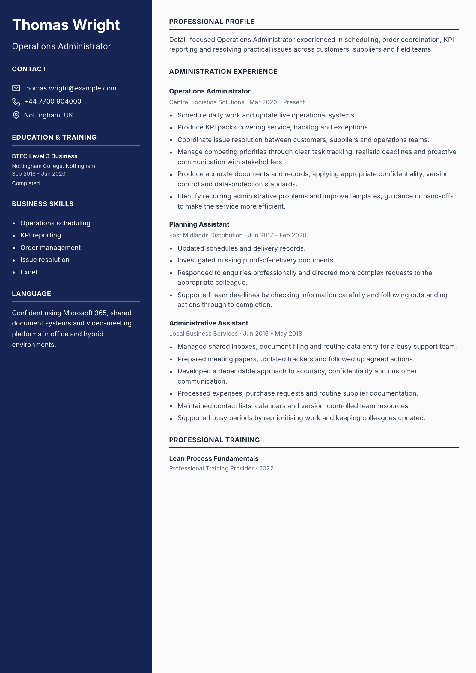 Operations Administrator CV template