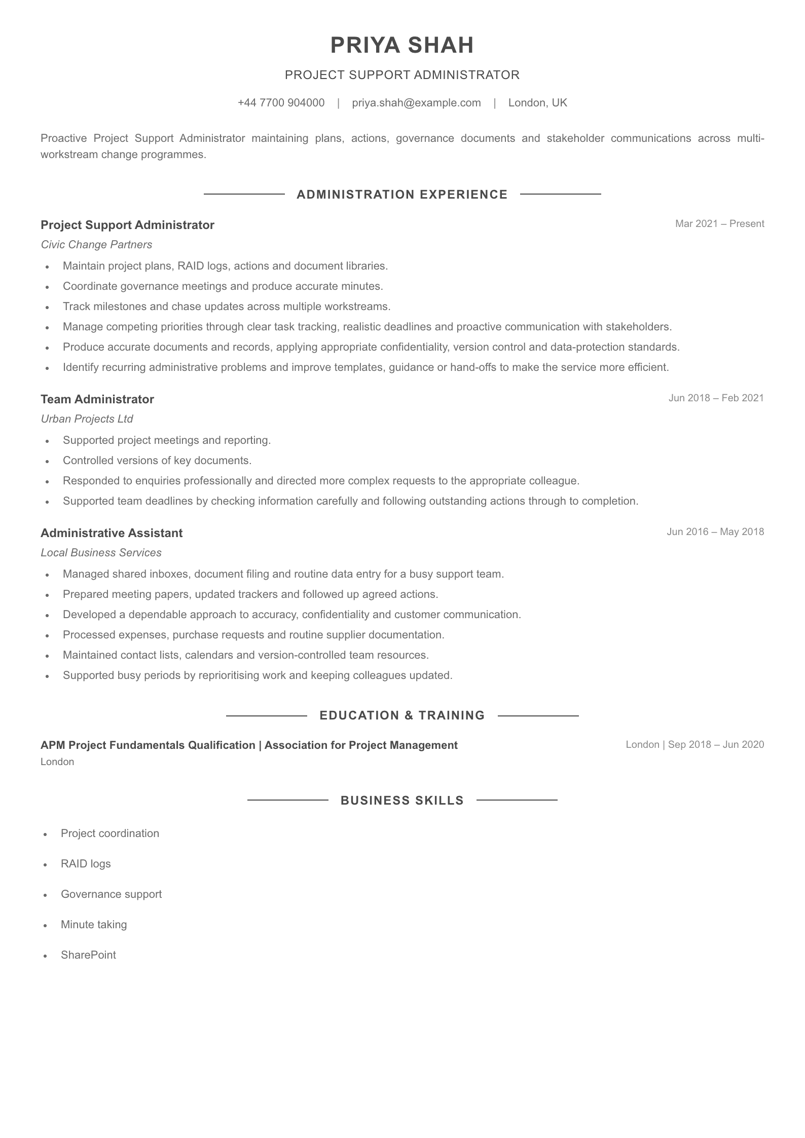Project Support Administrator CV template