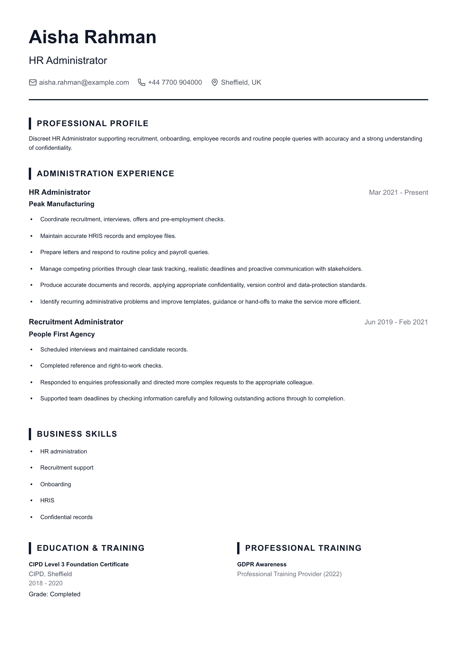 HR Administrator CV template