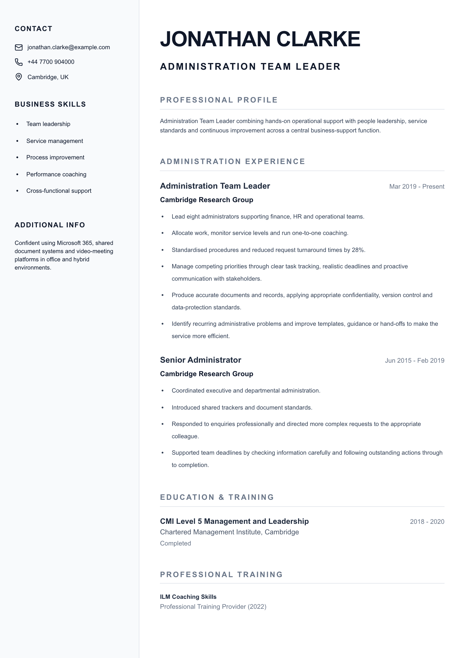 Administration Team Leader CV template