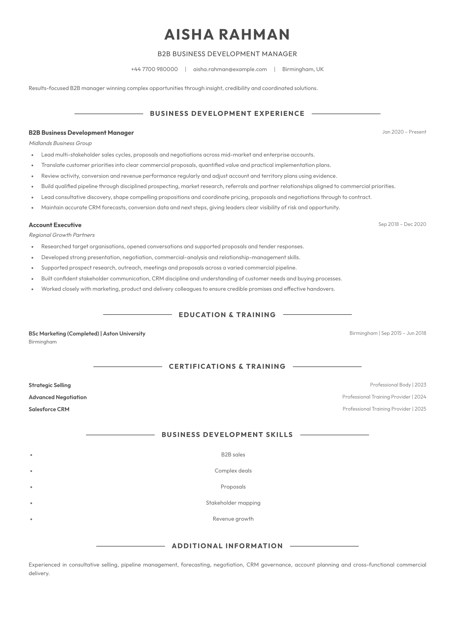 B2B Business Development Manager CV template