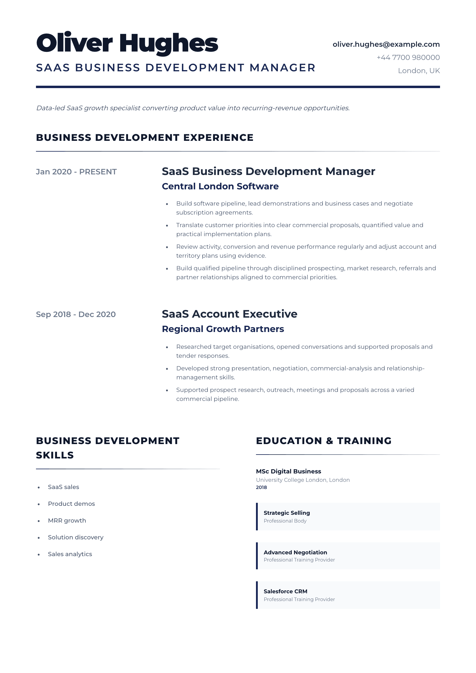 SaaS Business Development Manager CV template