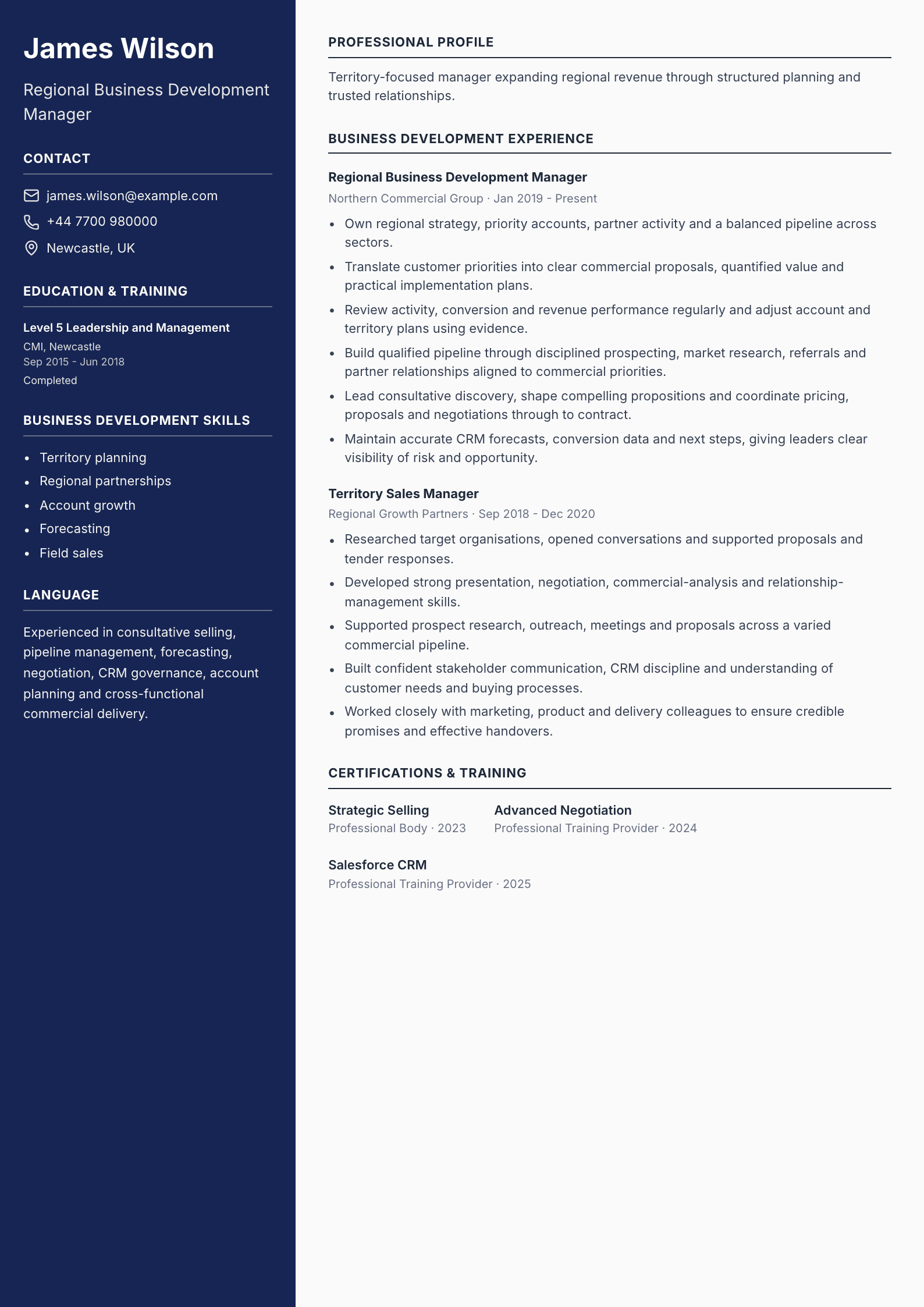 Regional Business Development Manager CV template
