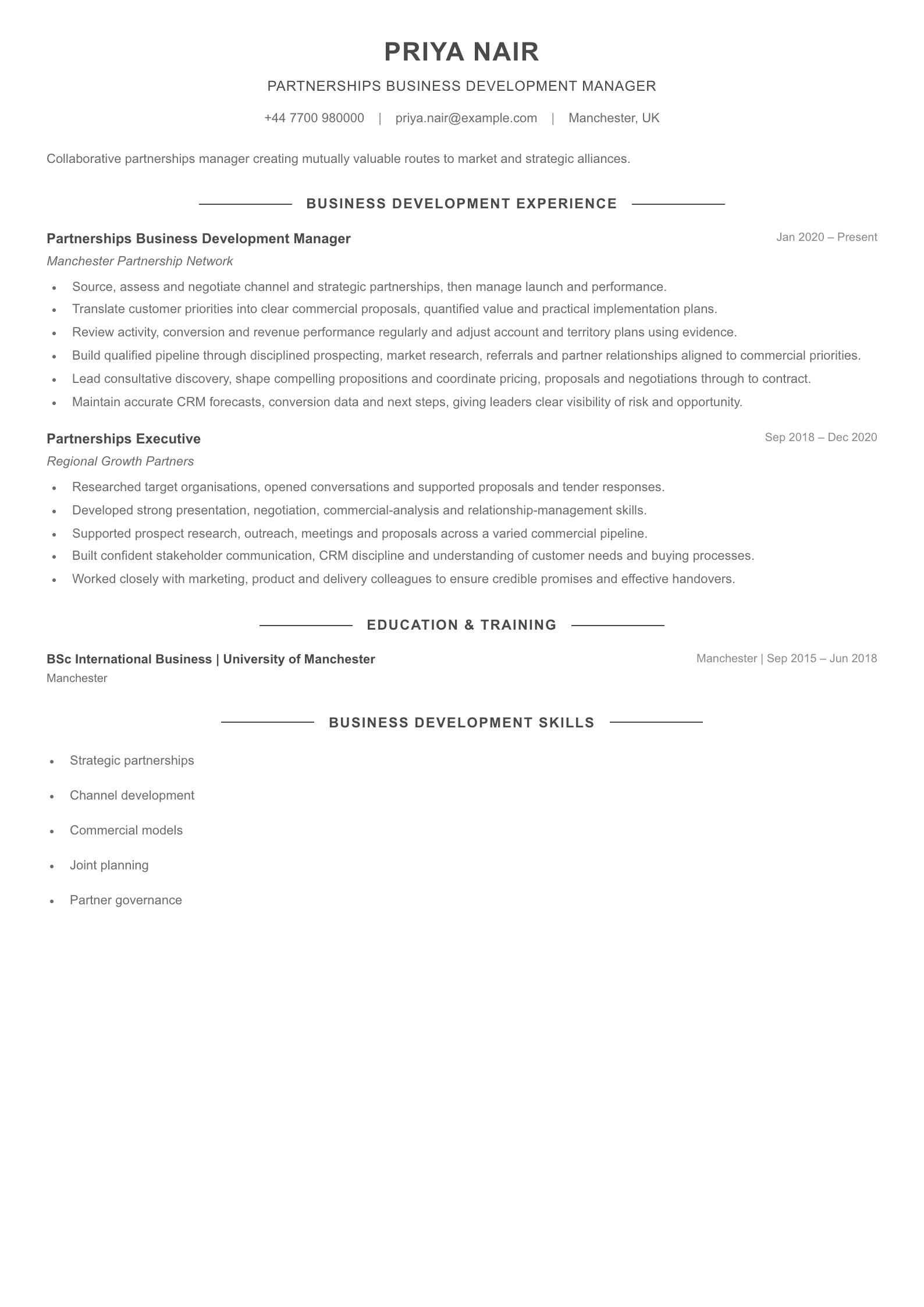 Partnerships Business Development Manager CV template
