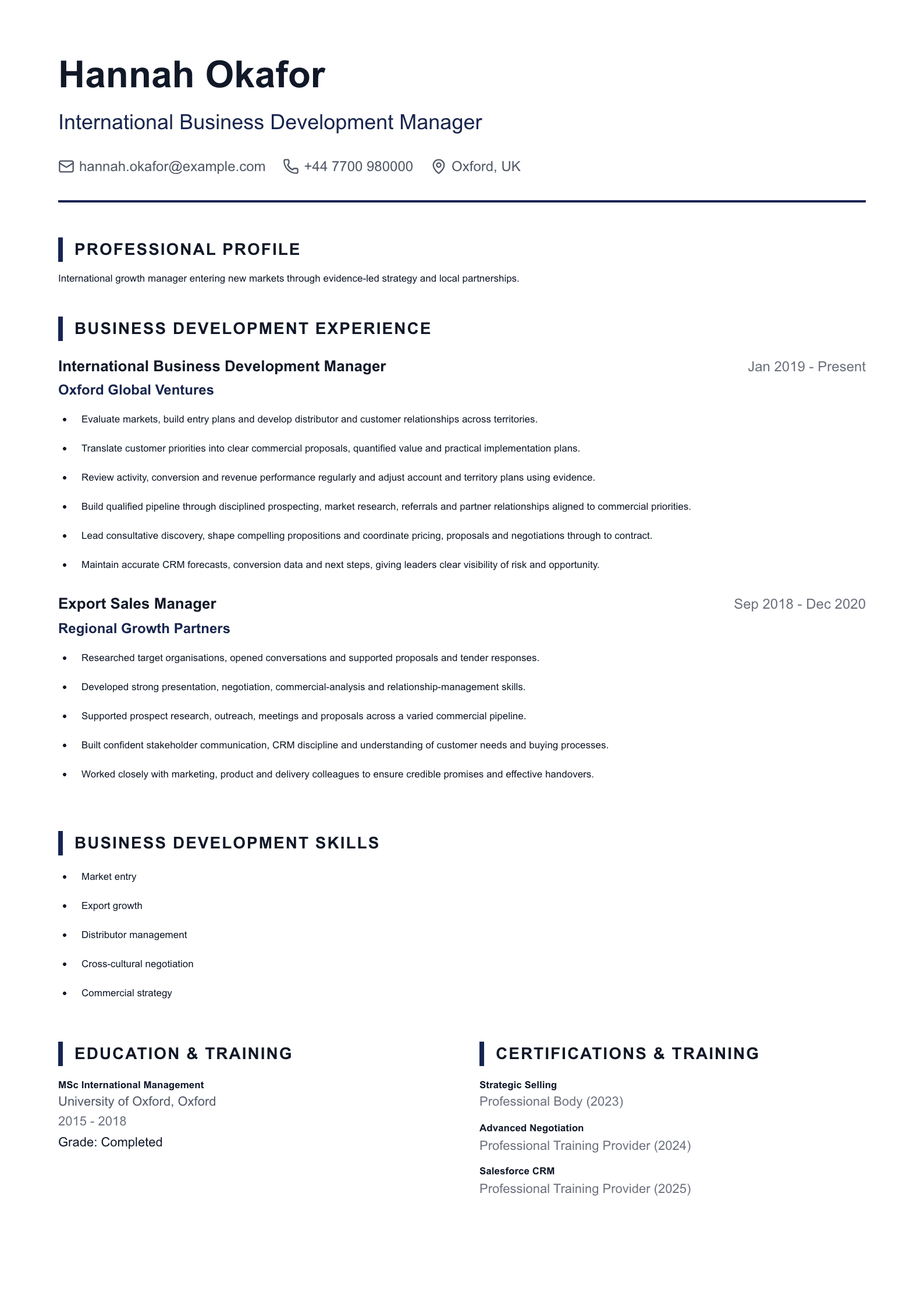 International Business Development Manager CV template
