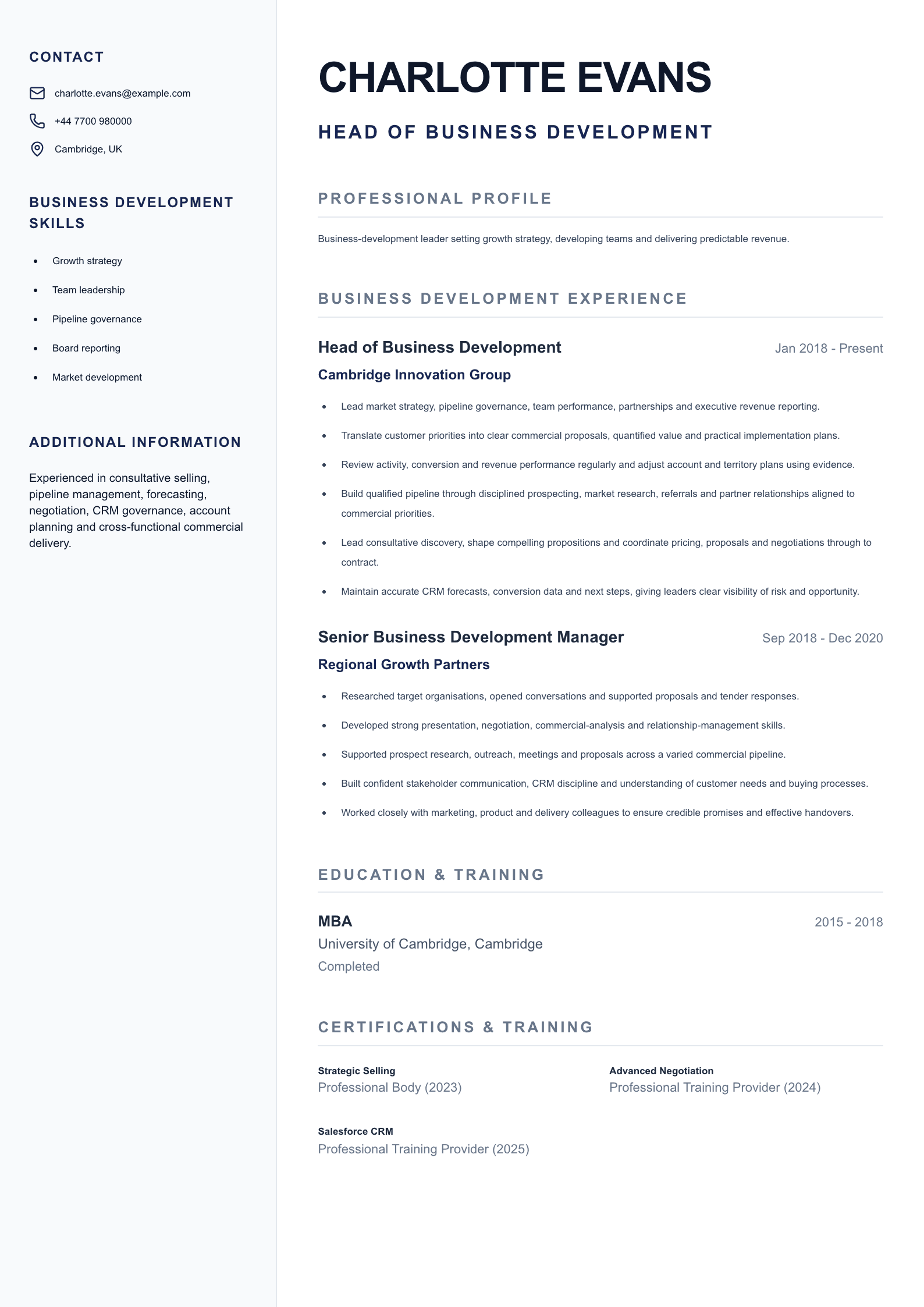 Head of Business Development CV template