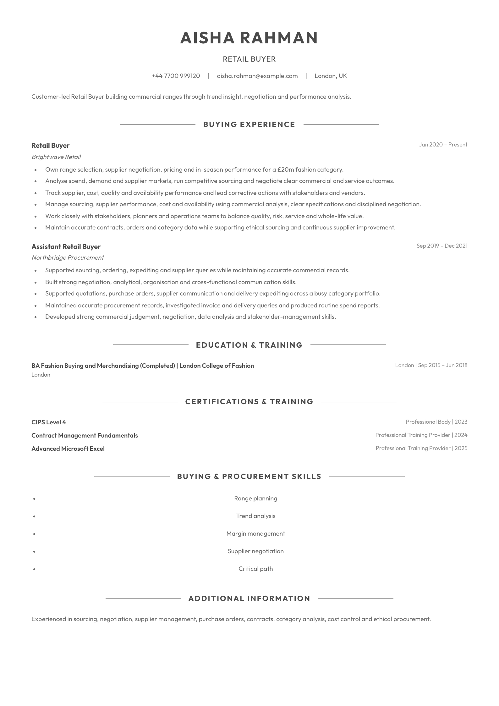 Retail Buyer CV template
