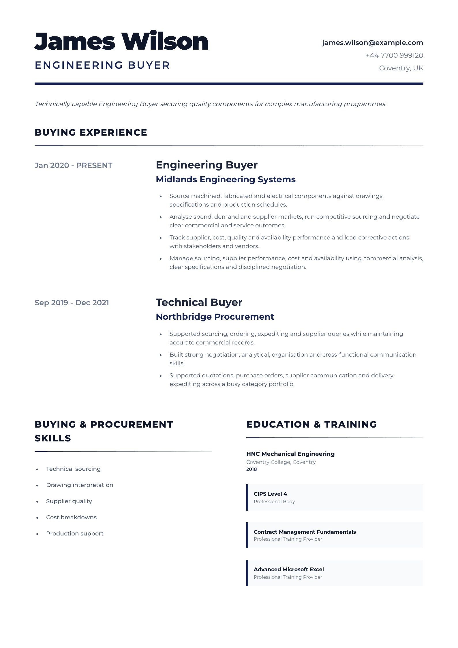 Engineering Buyer CV template