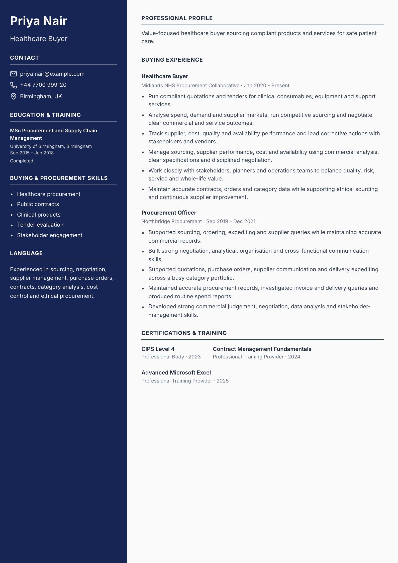 Healthcare Buyer CV template