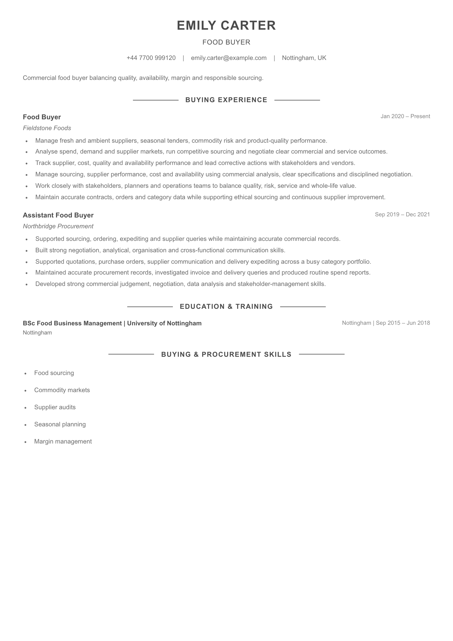 Food Buyer CV template