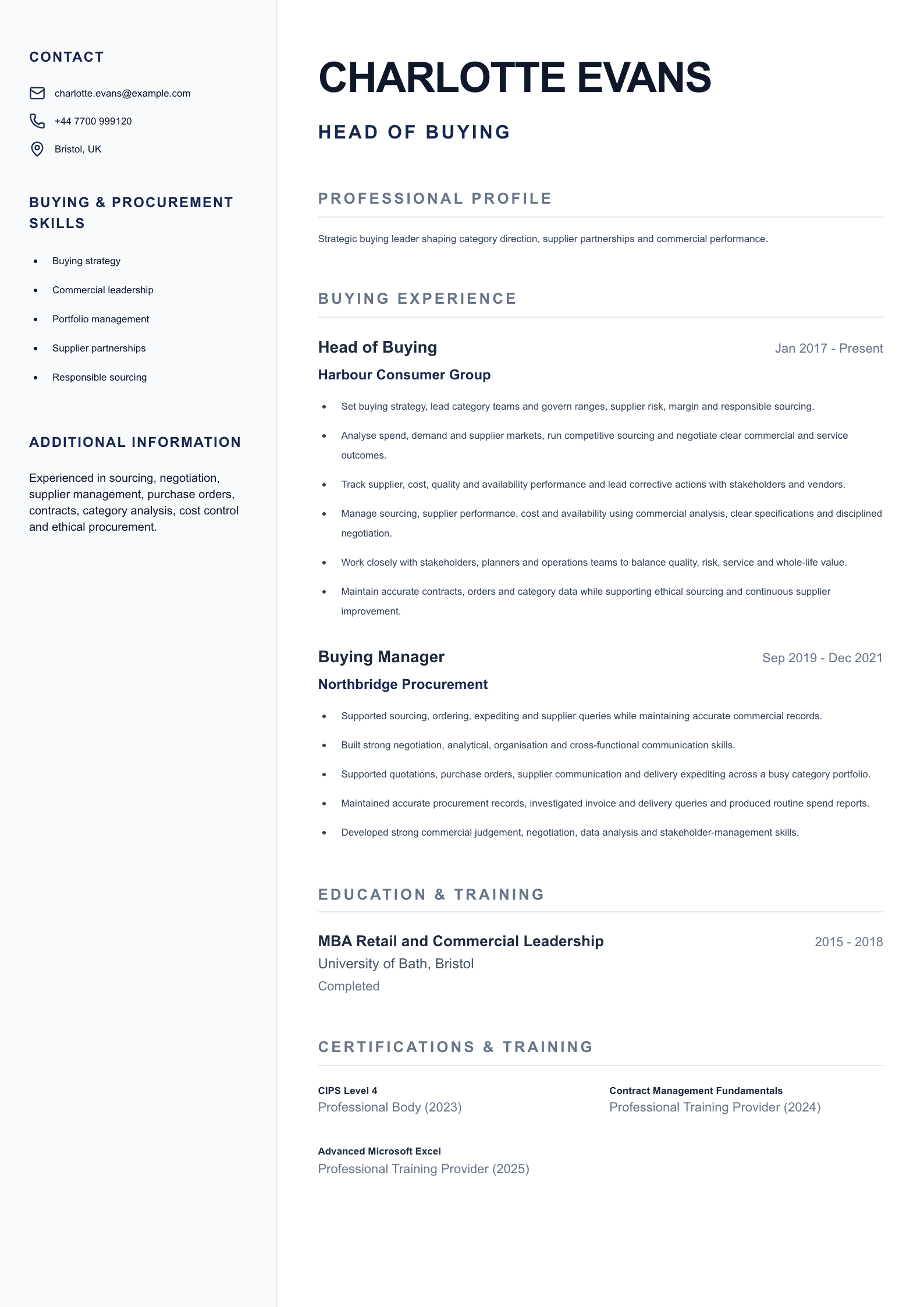 Head of Buying CV template