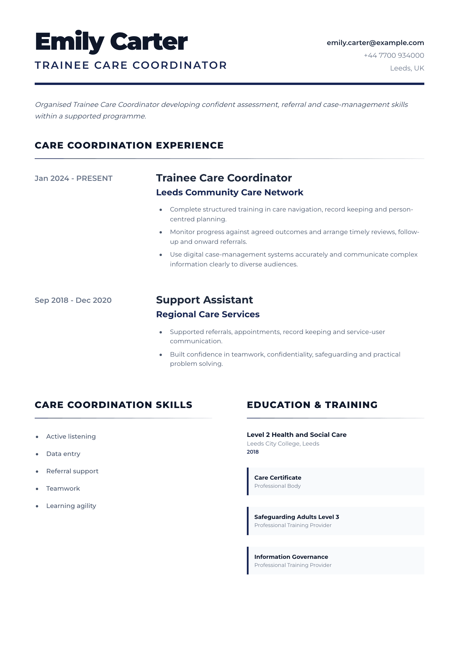 Trainee Care Coordinator CV template