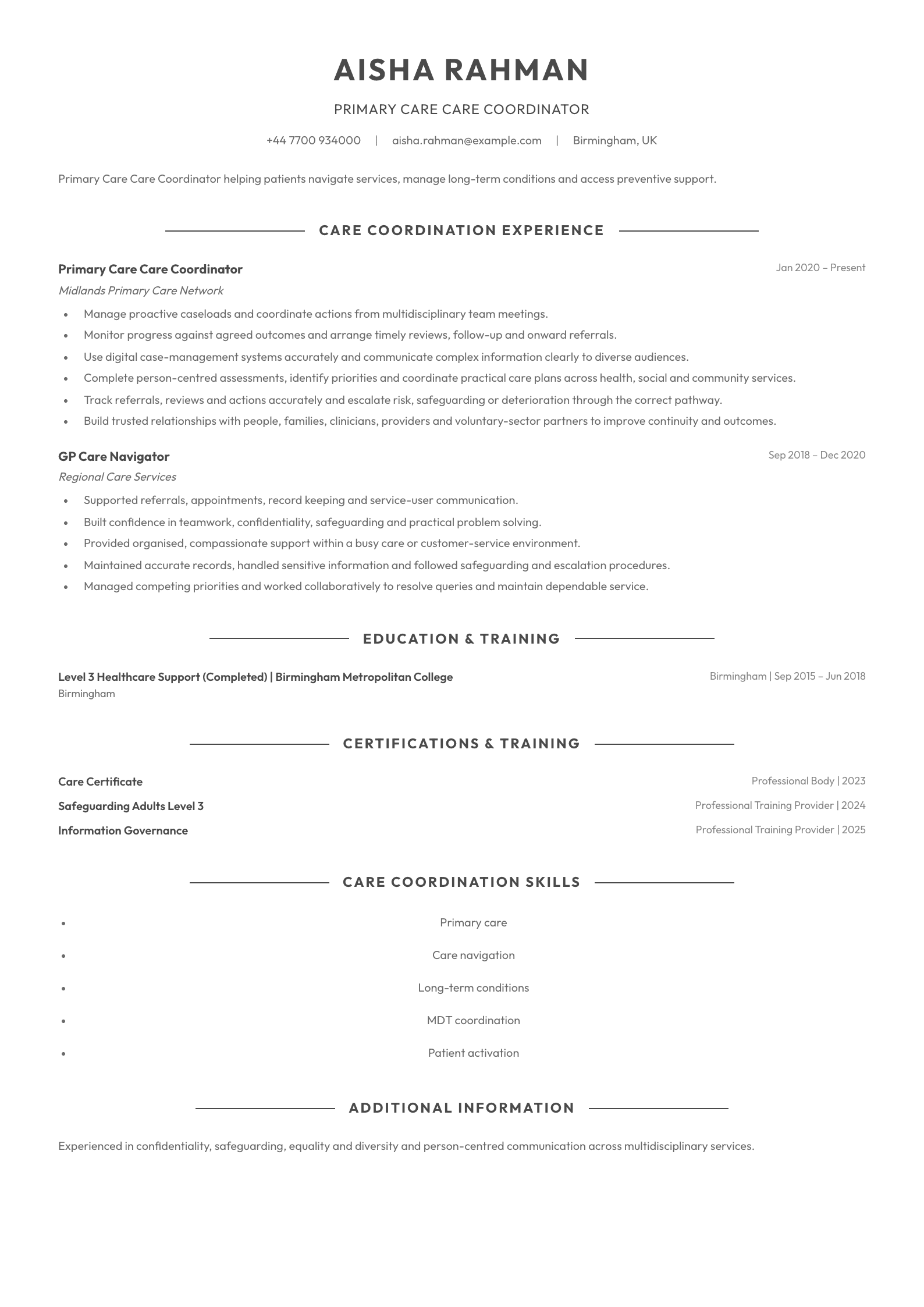 Primary Care Care Coordinator CV template